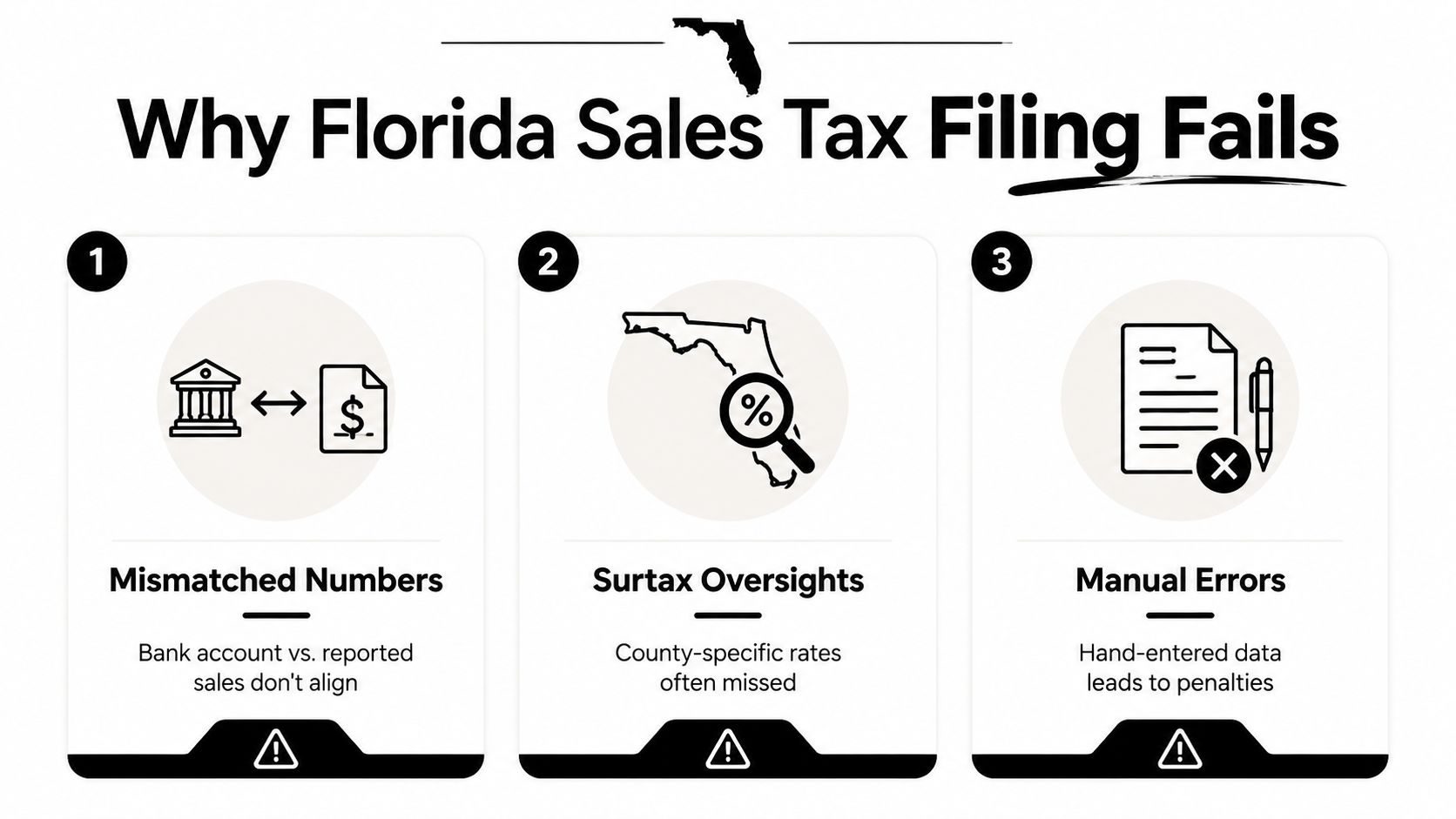 An infographic titled Why Florida Sales Tax Filing Fails, illustrating three common reasons for filing errors.