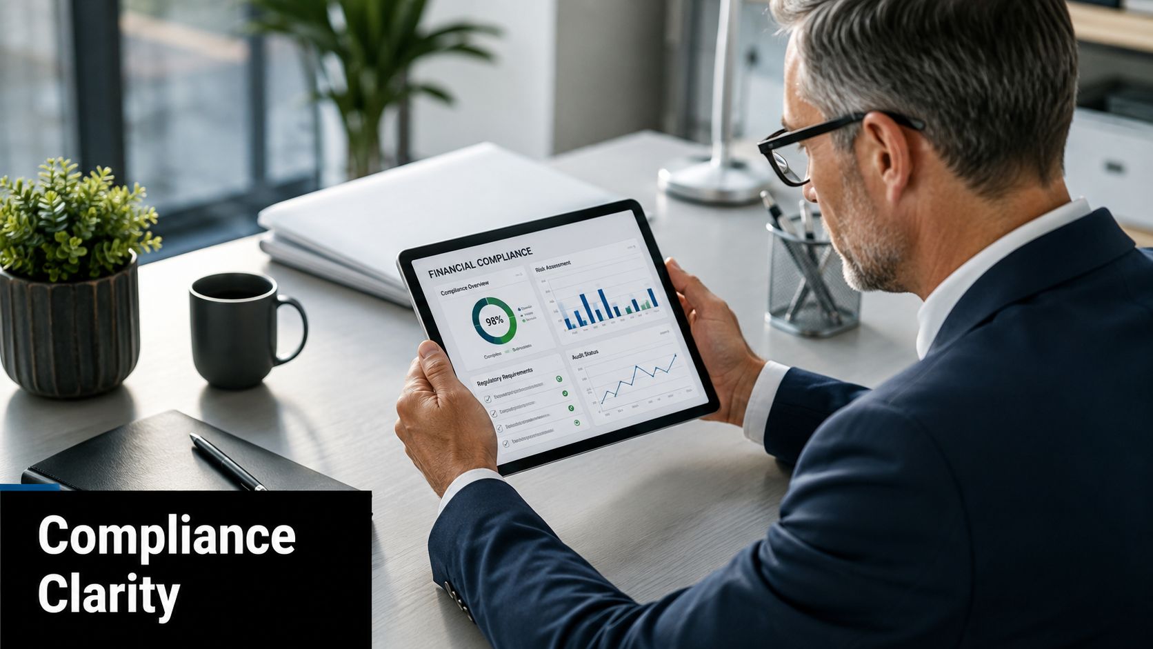 A professional man reviewing financial compliance reports and data analytics on a digital tablet at his desk.