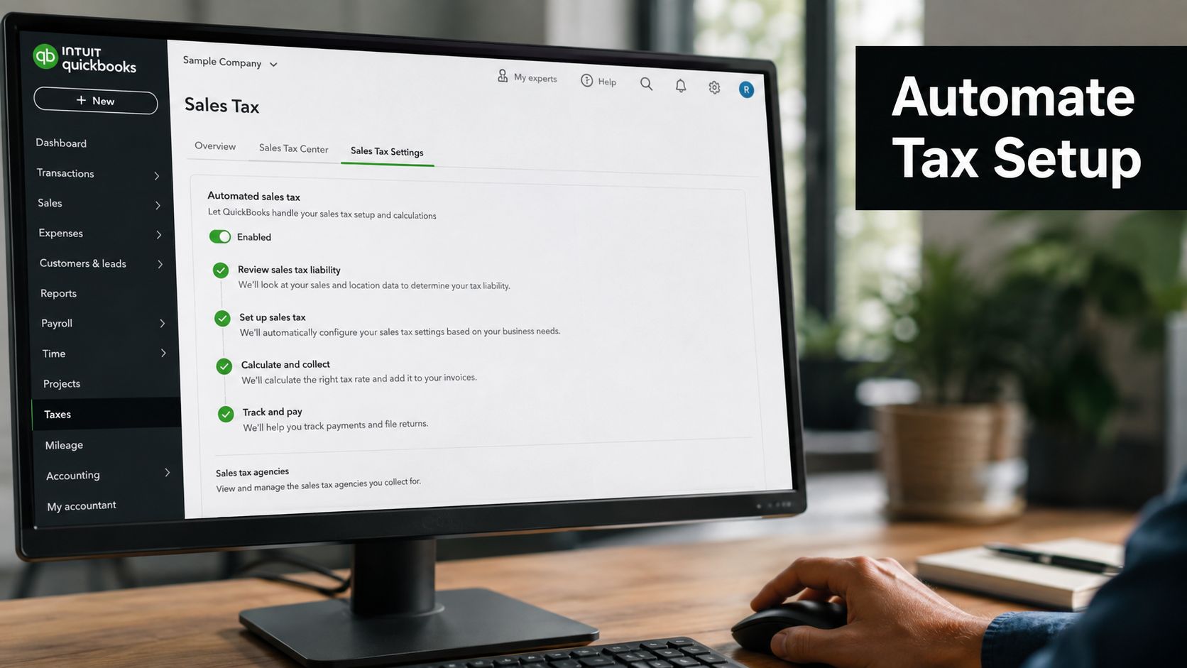 A close-up view of a computer screen displaying the Intuit QuickBooks automated sales tax settings page.