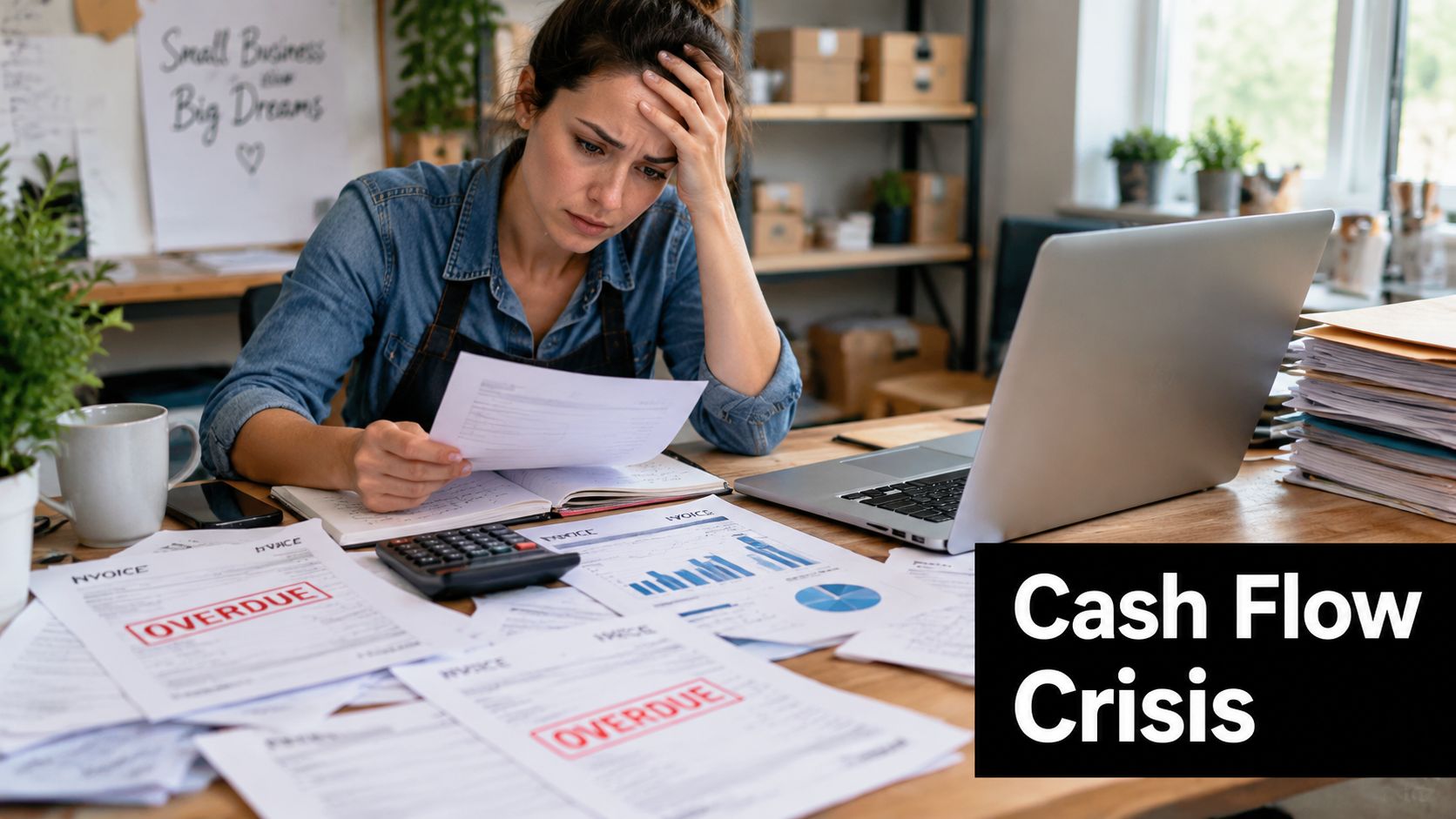 A stressed woman sits at her desk surrounded by overdue invoices and financial documents, indicating business difficulties.