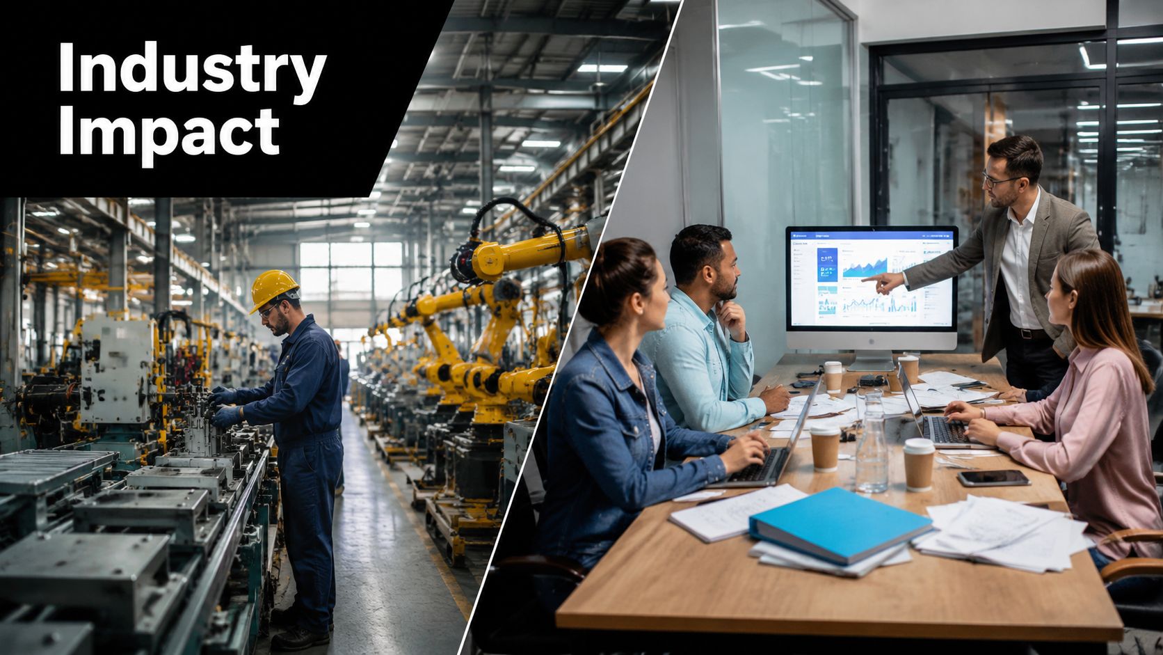 Split screen image showing a factory worker with robotic arms and professionals analyzing data in office.