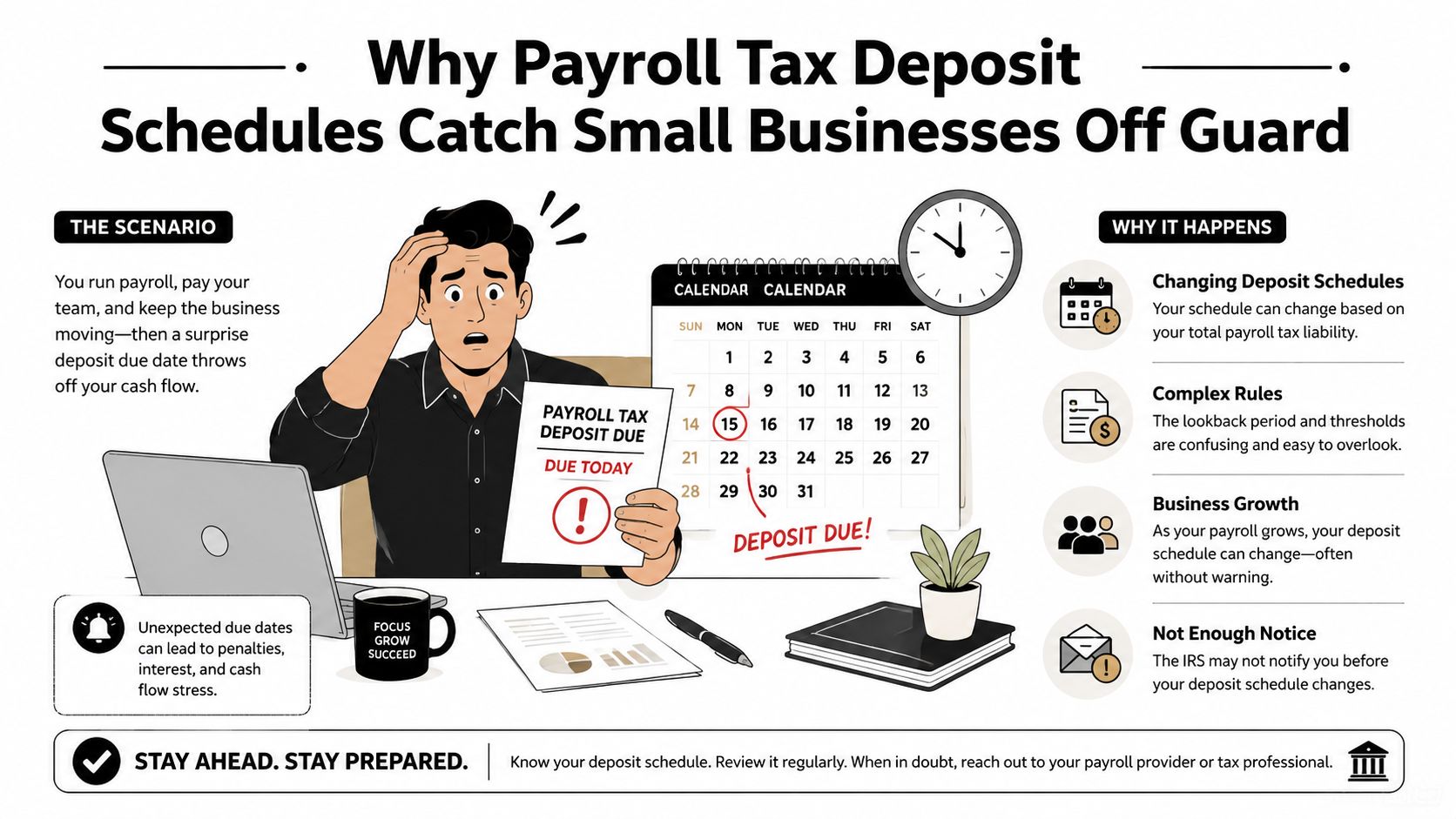 A stressed business owner looking at a payroll tax deposit notice due today on a calendar.