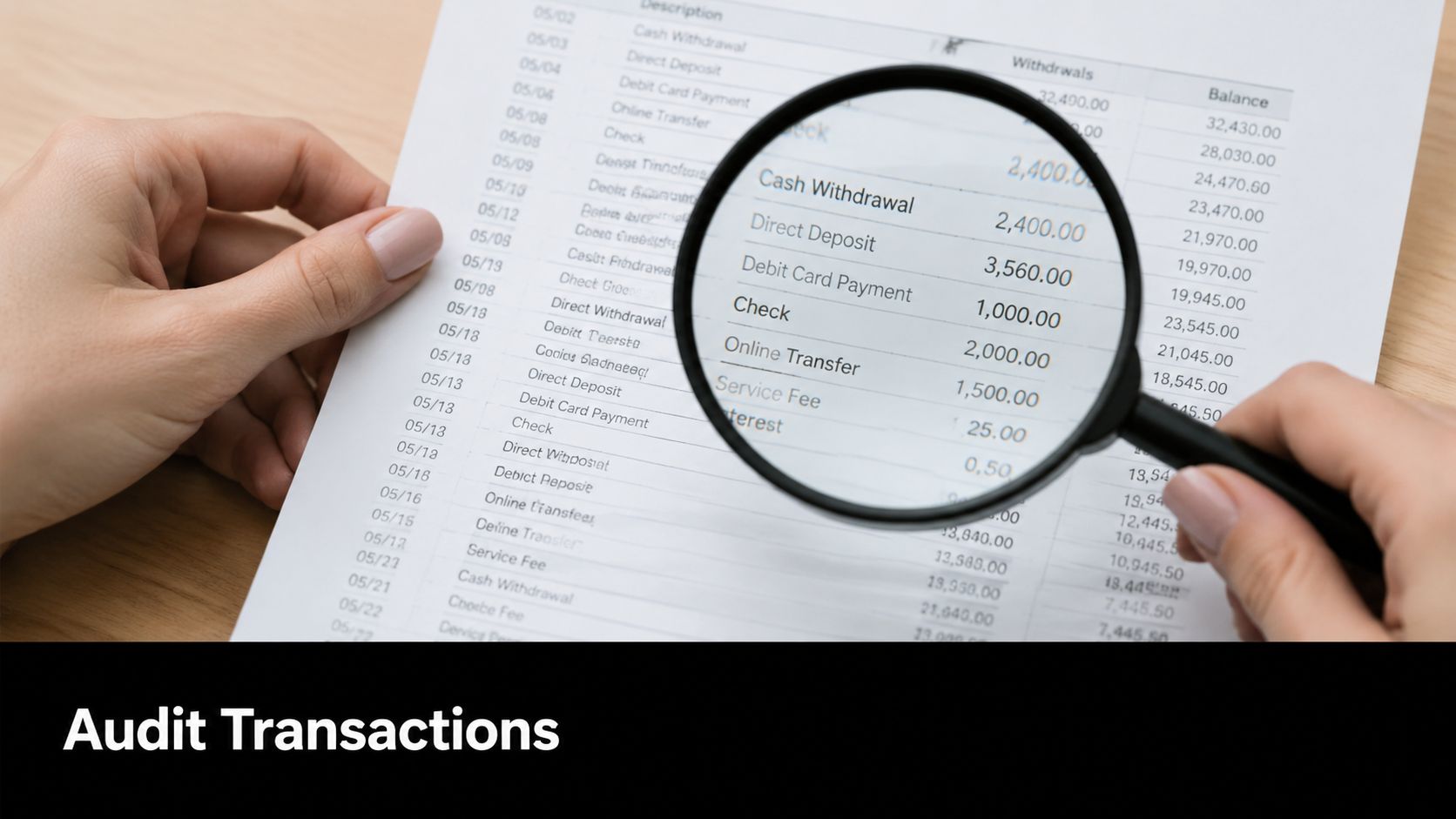 A person examining a bank statement with a magnifying glass for a professional financial audit.