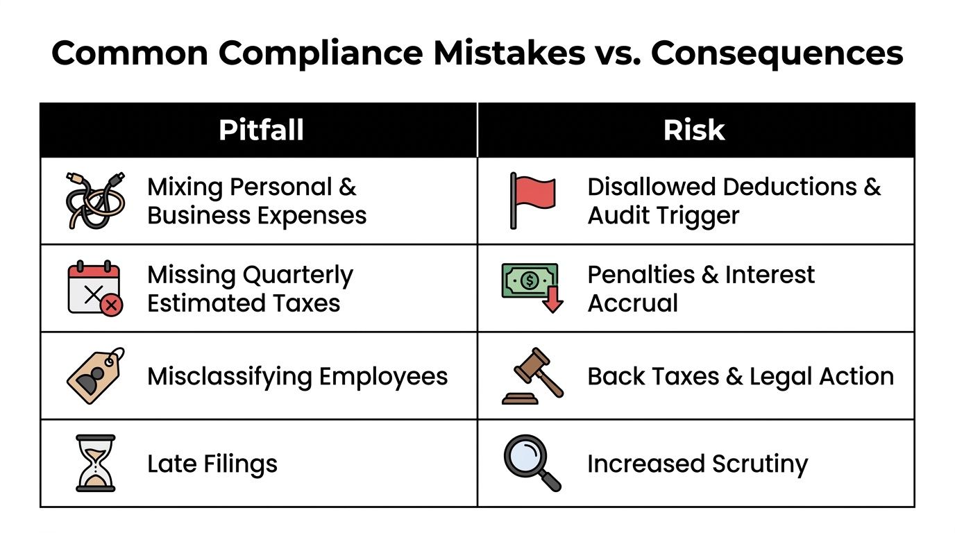 A table outlining four common business compliance mistakes and their associated financial and legal risks.