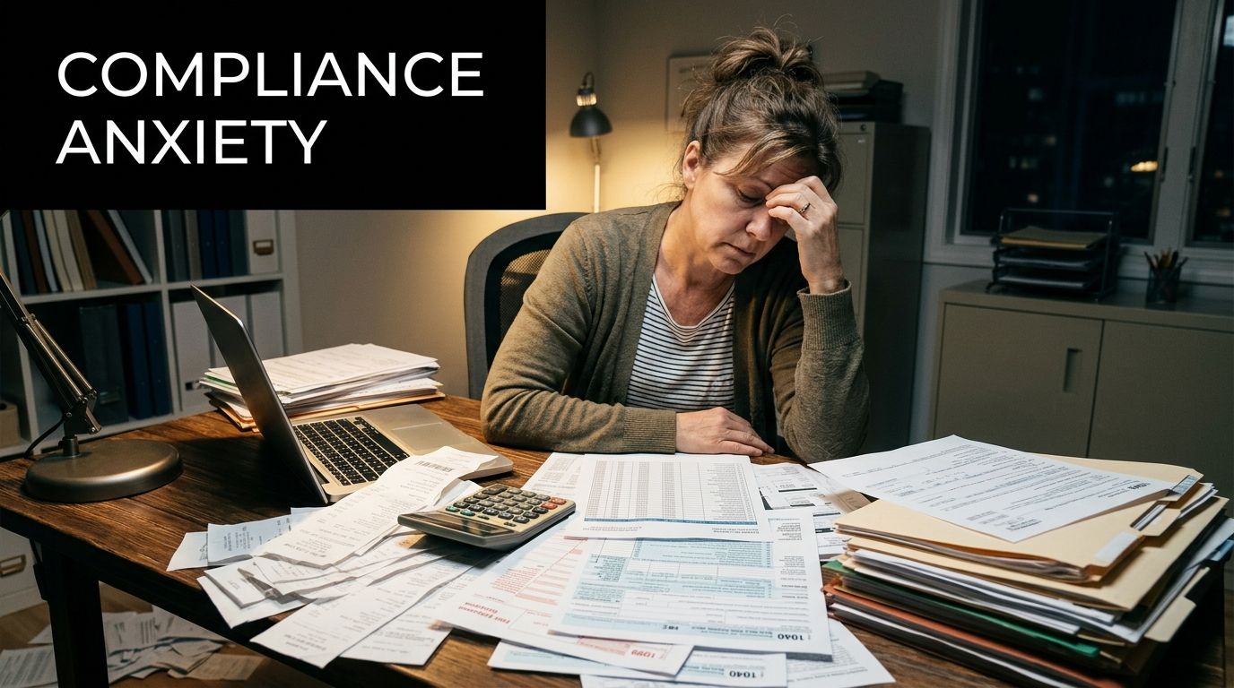 A woman looks stressed and overwhelmed while working with stacks of financial documents and tax forms.