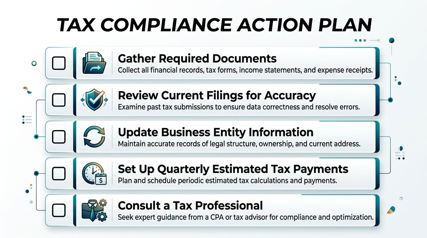 A checklist titled Tax Compliance Action Plan outlining five essential steps for managing business tax obligations efficiently.