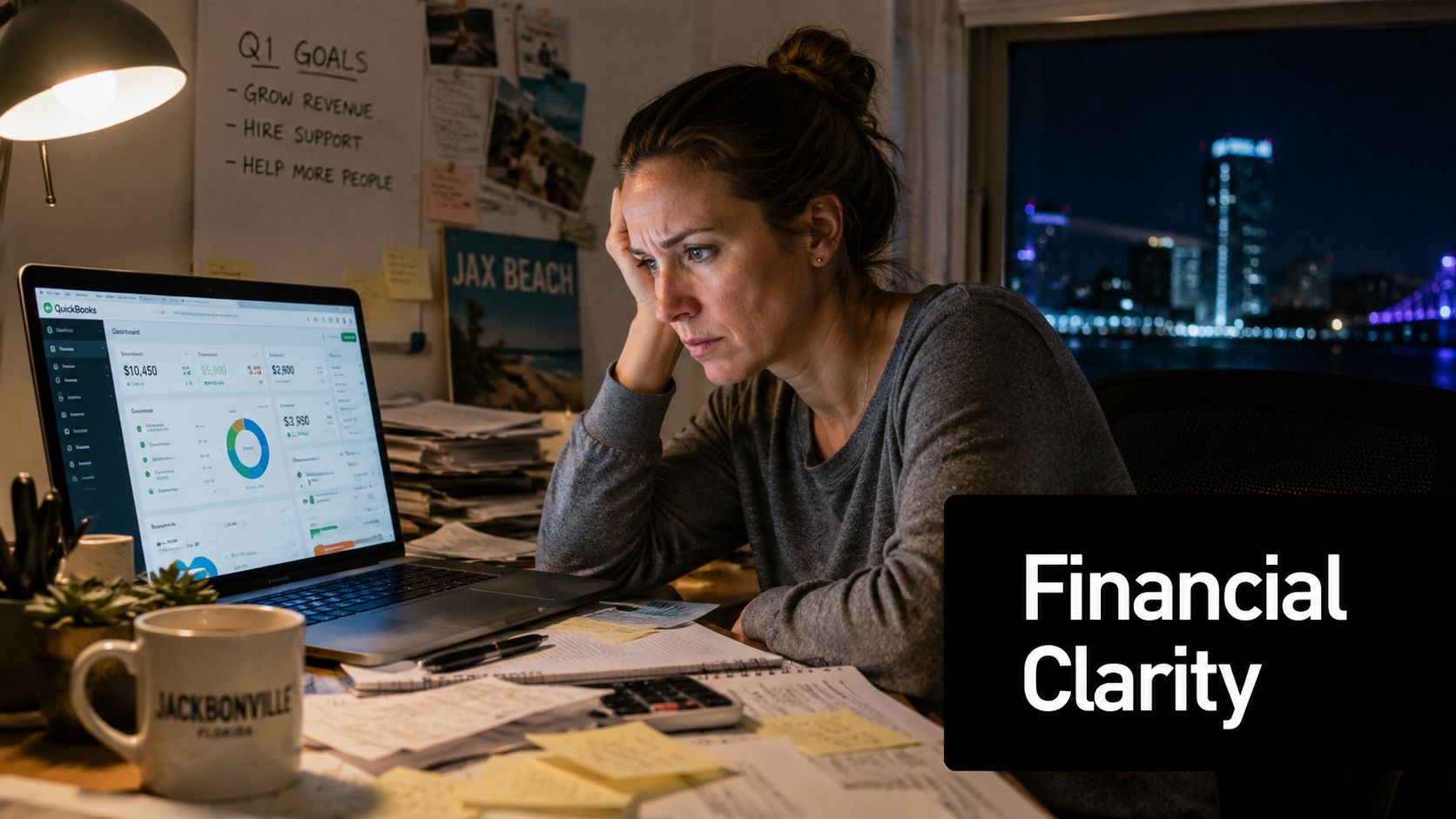 A tired woman working late at night on a laptop with financial accounting software and documents.