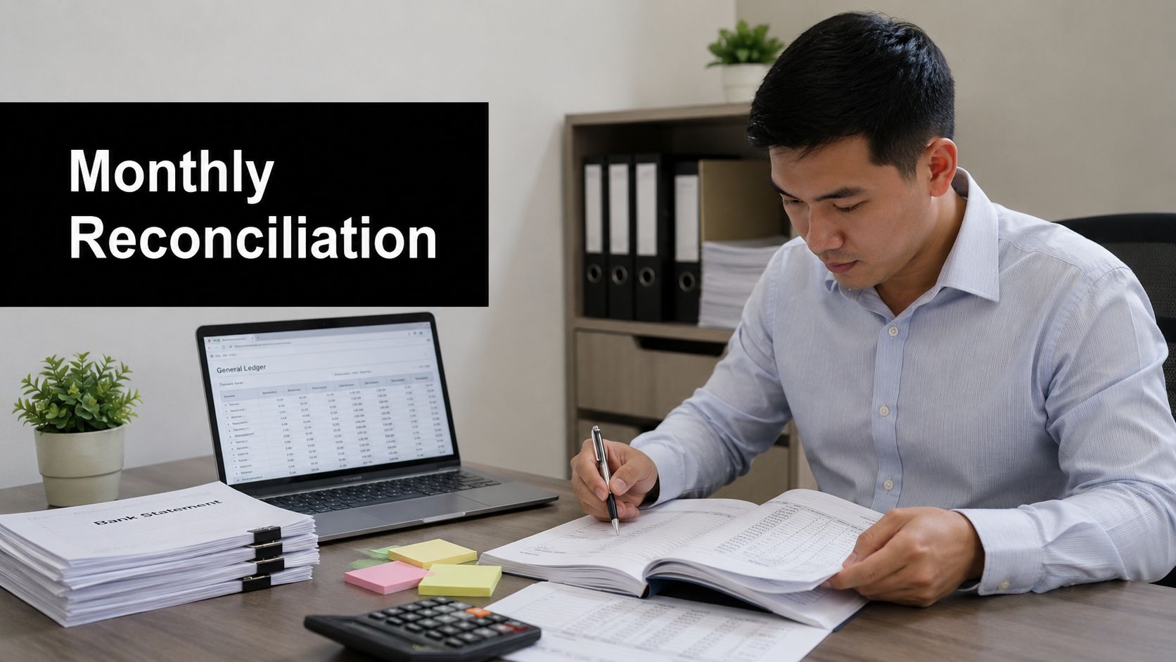 An accountant performing monthly bank reconciliation at his desk with a laptop and financial documents.
