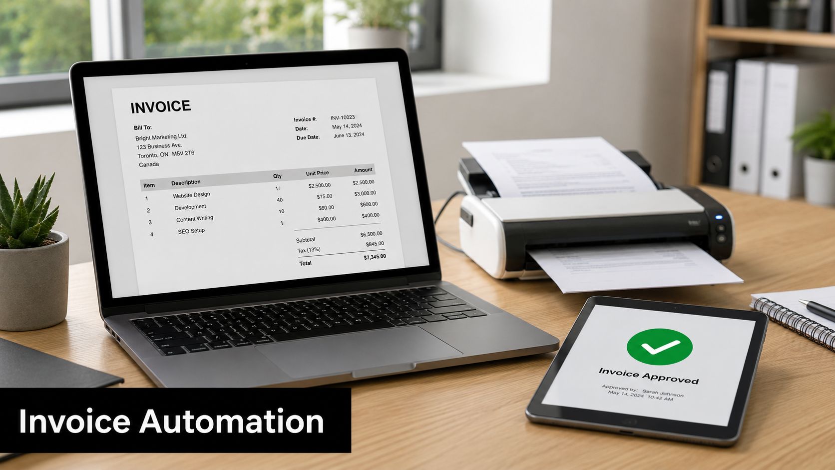 Laptop and tablet displaying automated digital invoice processing and approval status on a modern office desk.