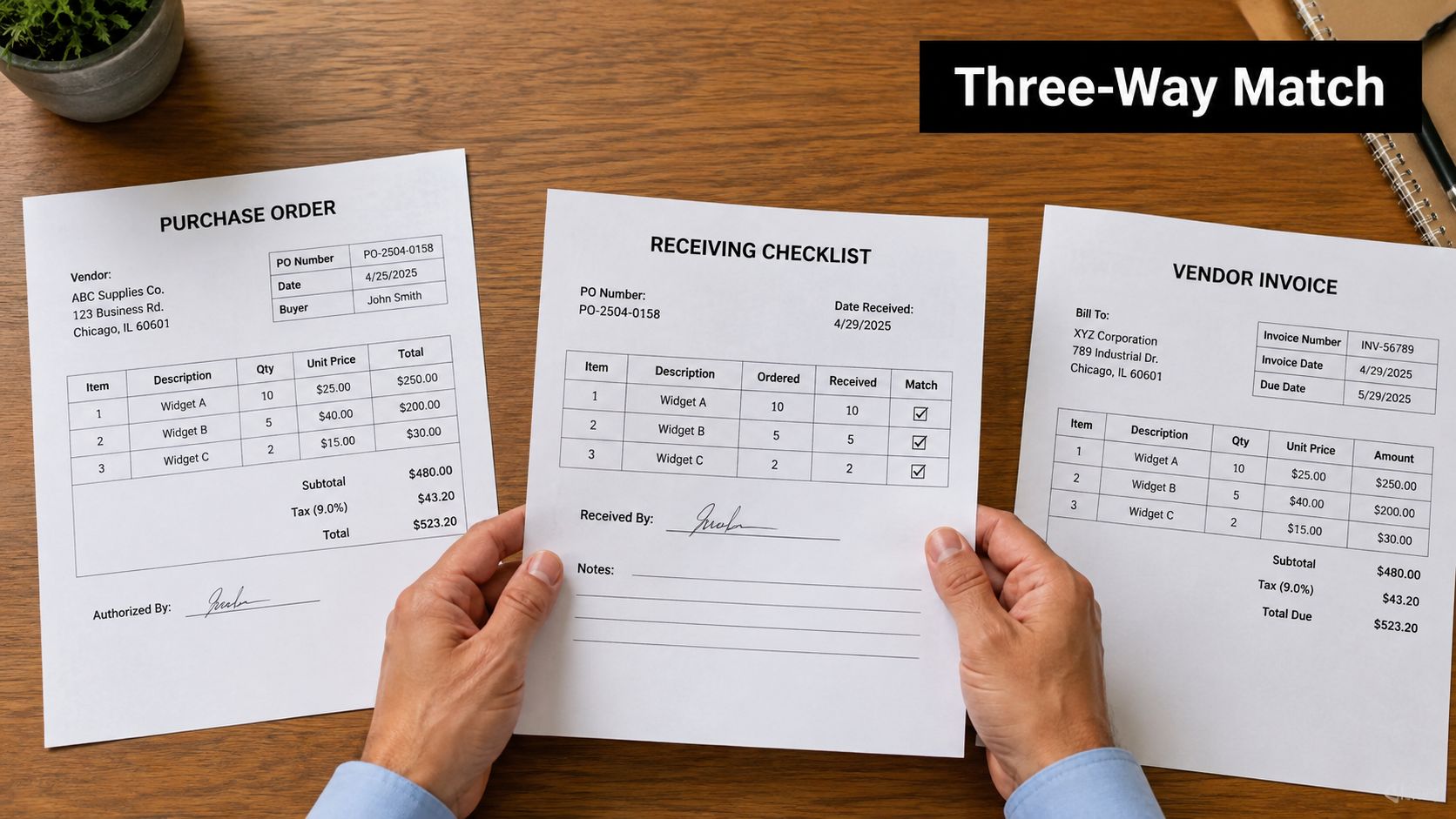 A person reviewing business documents including a purchase order, receiving checklist, and vendor invoice for three-way matching.