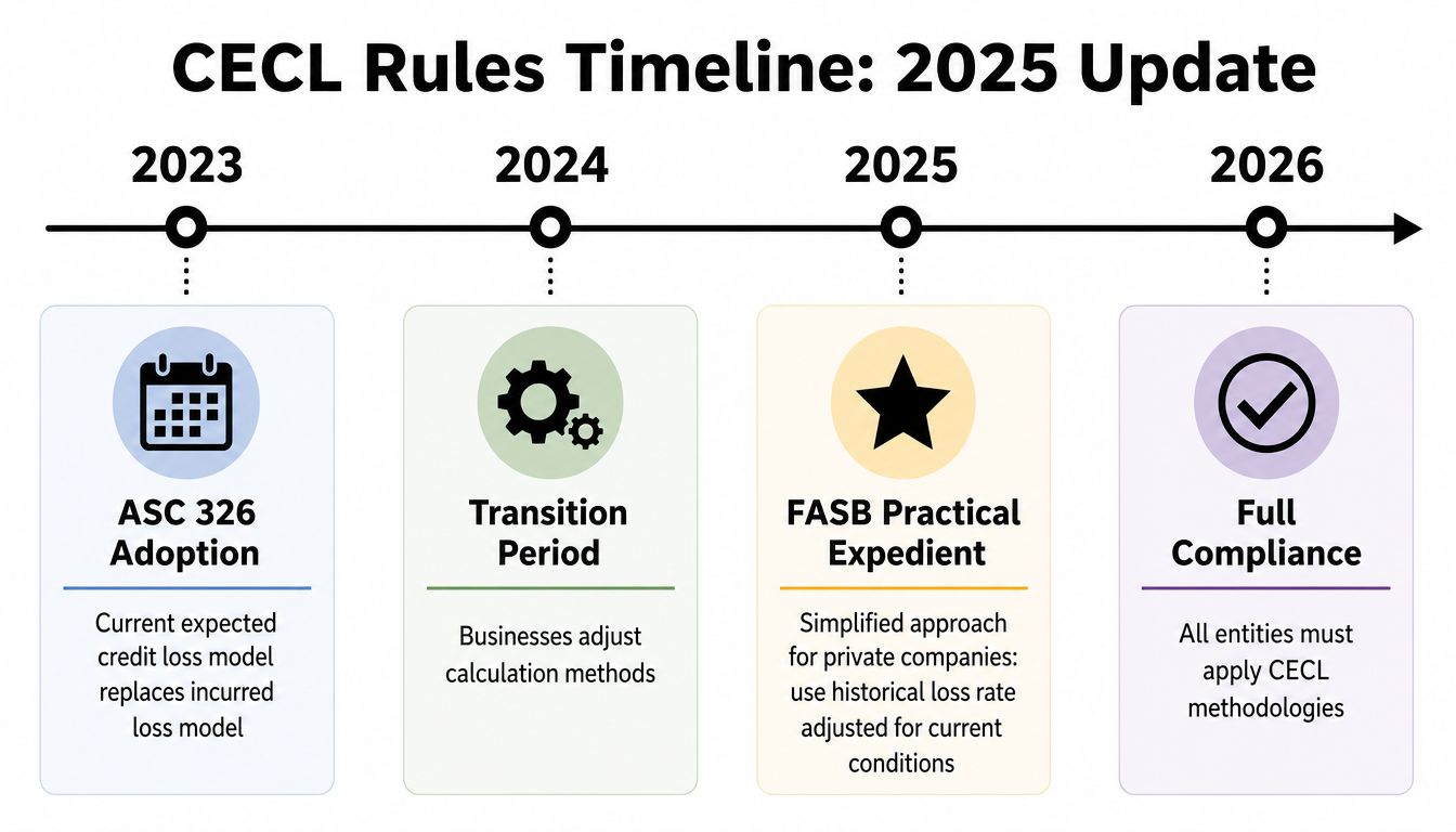 A timeline graphic illustrating the CECL accounting rules transition from 2023 to 2026 for financial compliance.