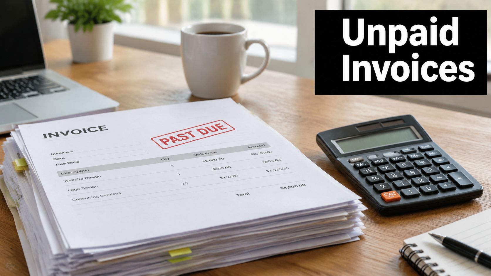 A stack of overdue invoices on a wooden office desk next to a calculator and laptop.