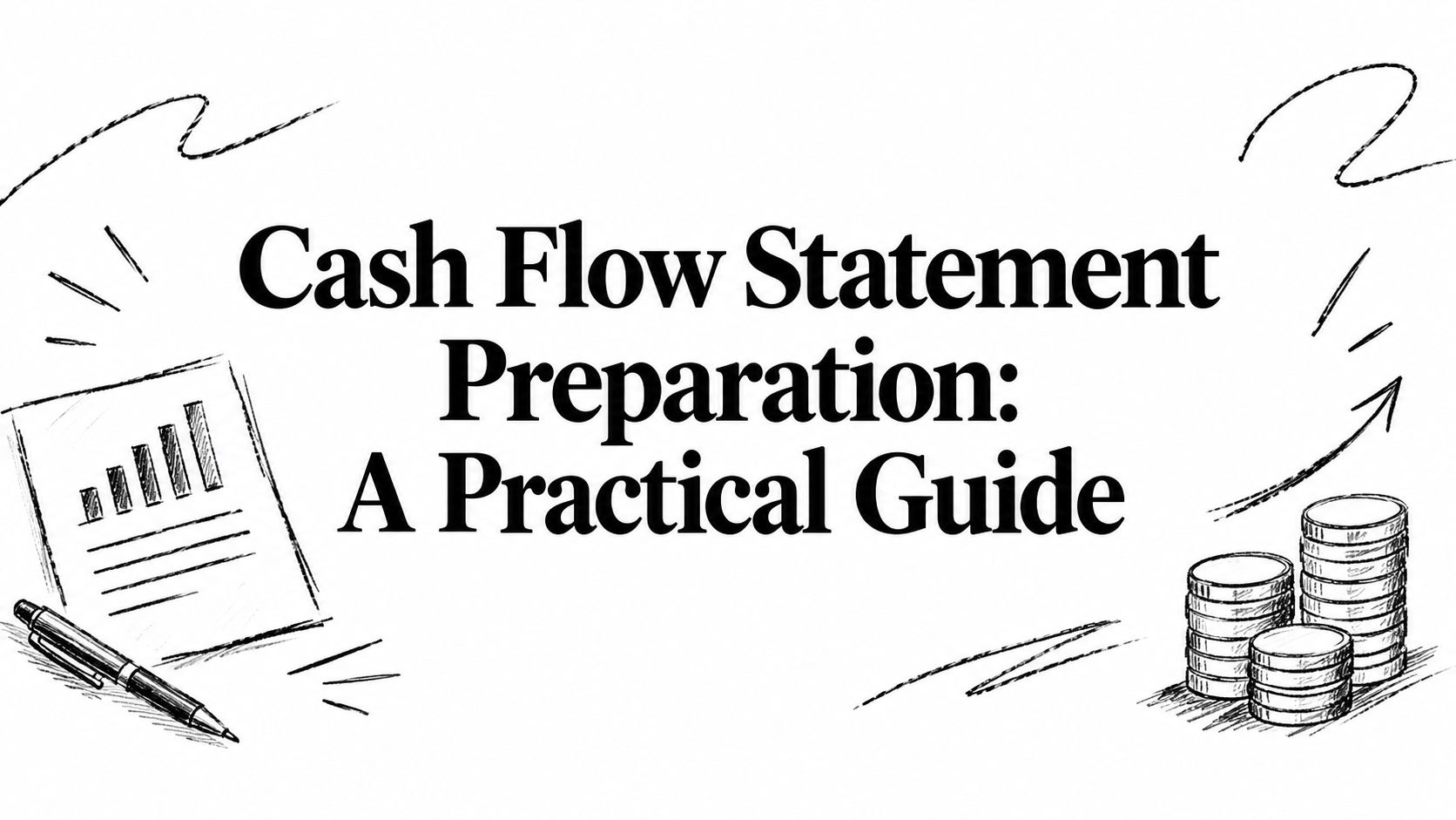 cash-flow-statement-preparation-financial-guide Cover image for a guide: 'Cash Flow Statement Preparation: A Practical Guide' with a hand-drawn document, pen, and stacked coins on a white background.
