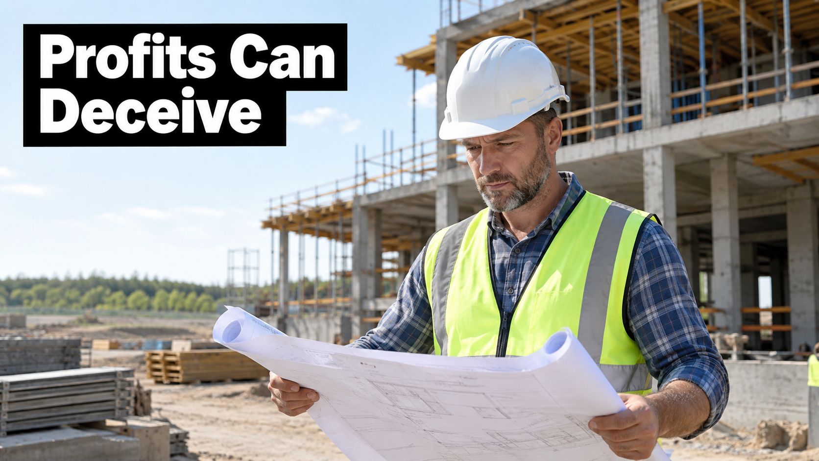 A construction site foreman wearing a hard hat and safety vest reviews technical blueprints at a building site.