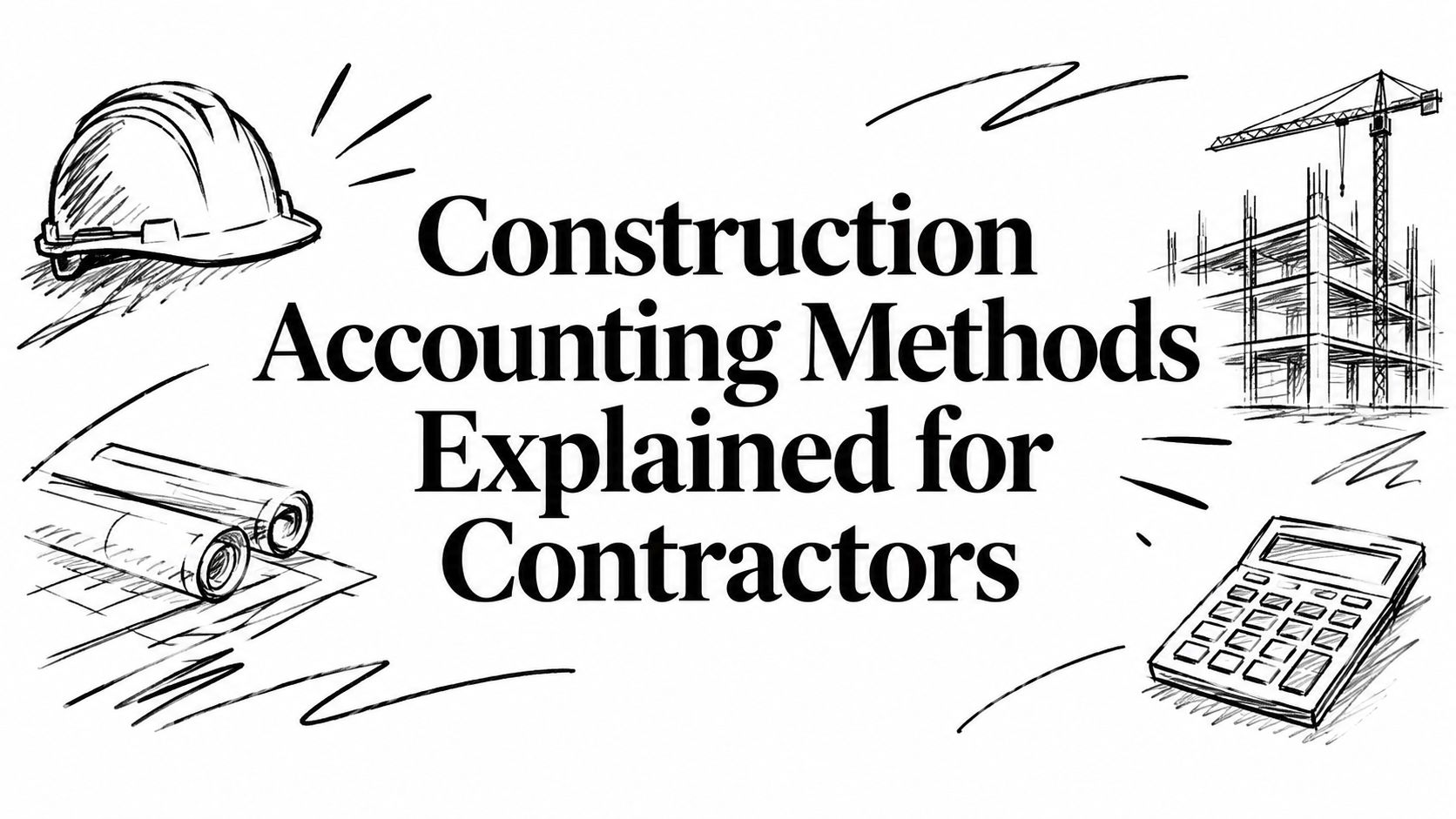 construction-accounting-methods-construction-tools Banner-style illustration with the title 'Construction Accounting Methods Explained for Contractors' and sketches of a hard hat, blueprints, a building under construction, a crane, and a calculator in black ink.