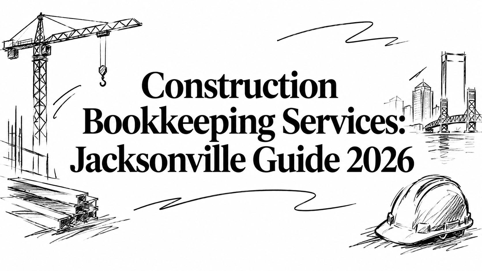 construction-bookkeeping-services-construction-illustration Cover illustration for Construction Bookkeeping Services: Jacksonville Guide 2026 with a crane, skyline, steel beams, and a hard hat.