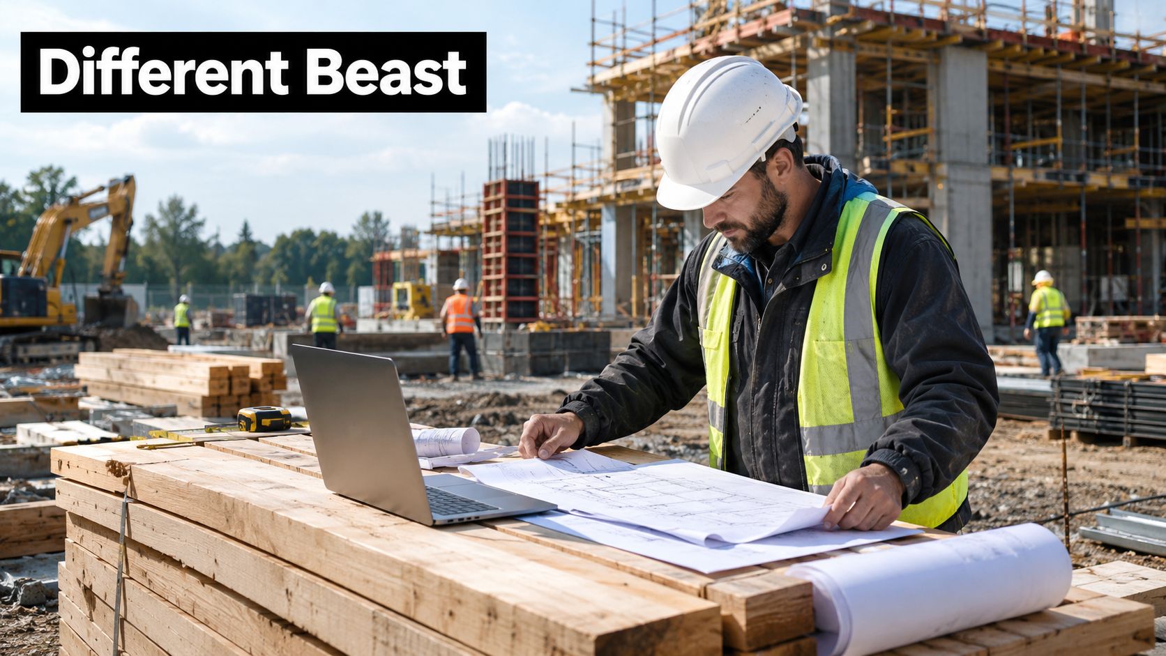 A construction manager in a hard hat and safety vest reviews blueprints and a laptop on site.