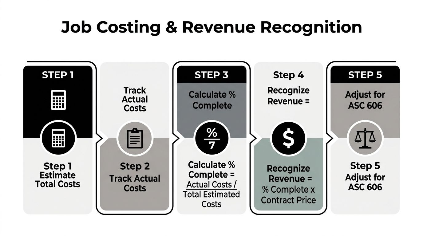 A five-step diagram outlining the process of job costing and revenue recognition for construction business accounting.