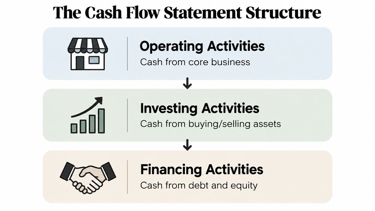 A diagram illustrating the three components of a cash flow statement: operating, investing, and financing activities.