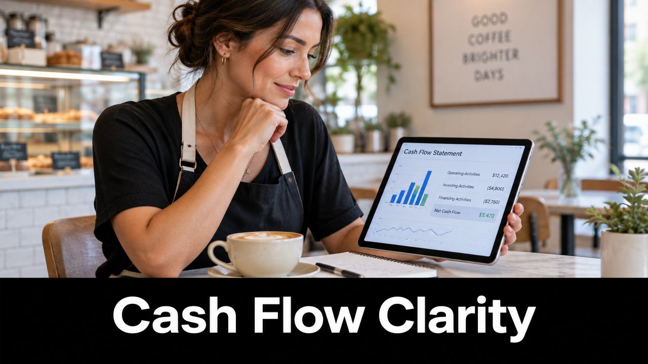 A female small business owner analyzing her business finances on a tablet in a coffee shop.