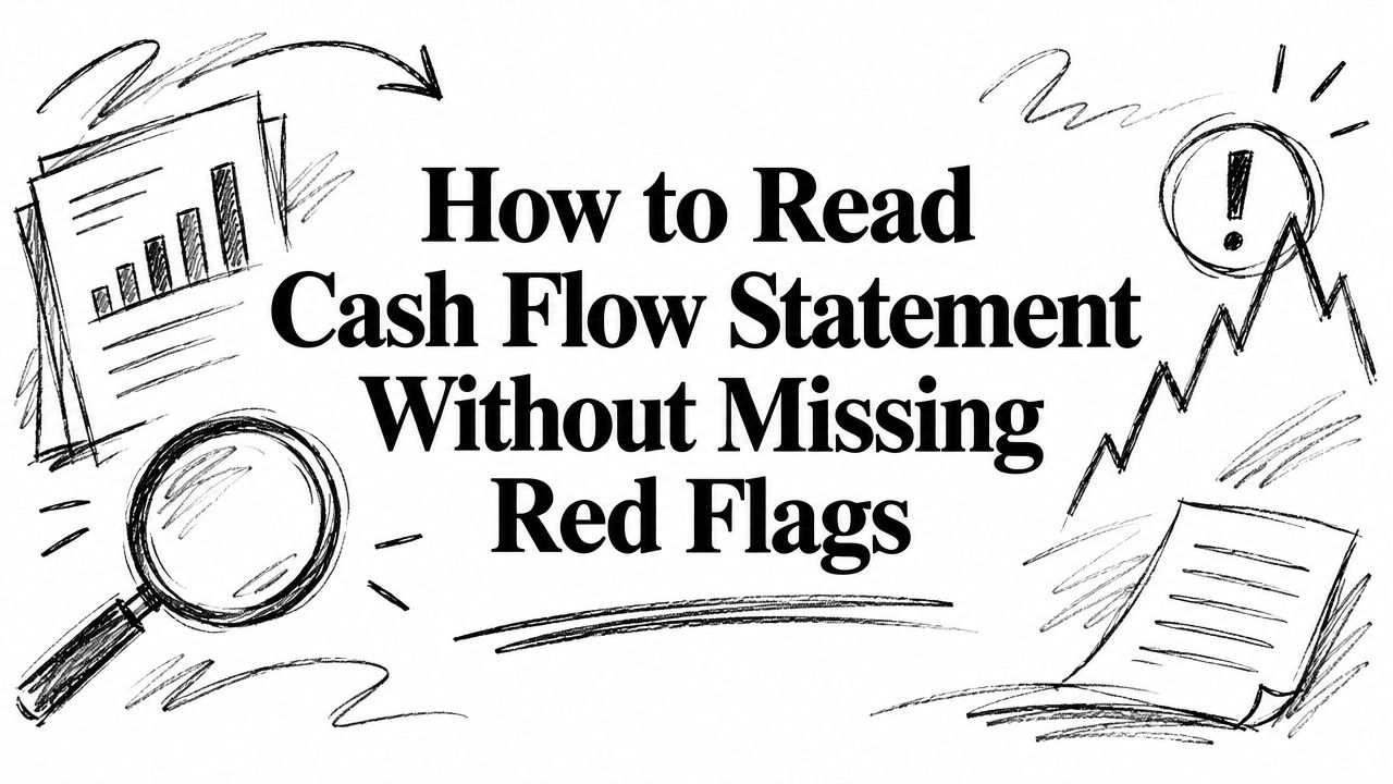 how-to-read-cash-flow-statement-financial-analysis Title banner for a guide: 'How to Read Cash Flow Statement Without Missing Red Flags' with hand-drawn graphs and magnifying glass sketches.