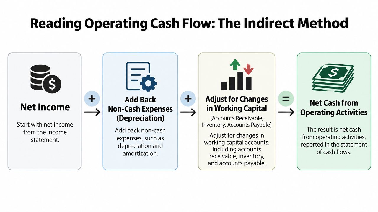 A flowchart explaining the indirect method for calculating net cash from operating activities using financial accounting steps.