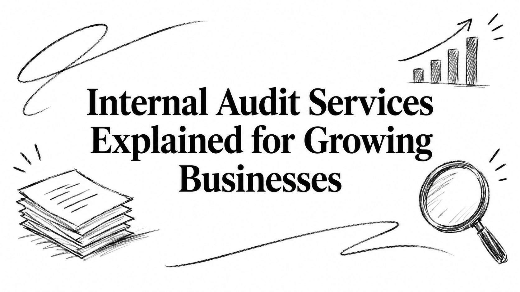 internal-audit-services-business-audit Header illustration for 'Internal Audit Services Explained for Growing Businesses' featuring sketched papers, magnifying glass, rising bar chart, and growth lines around the title.