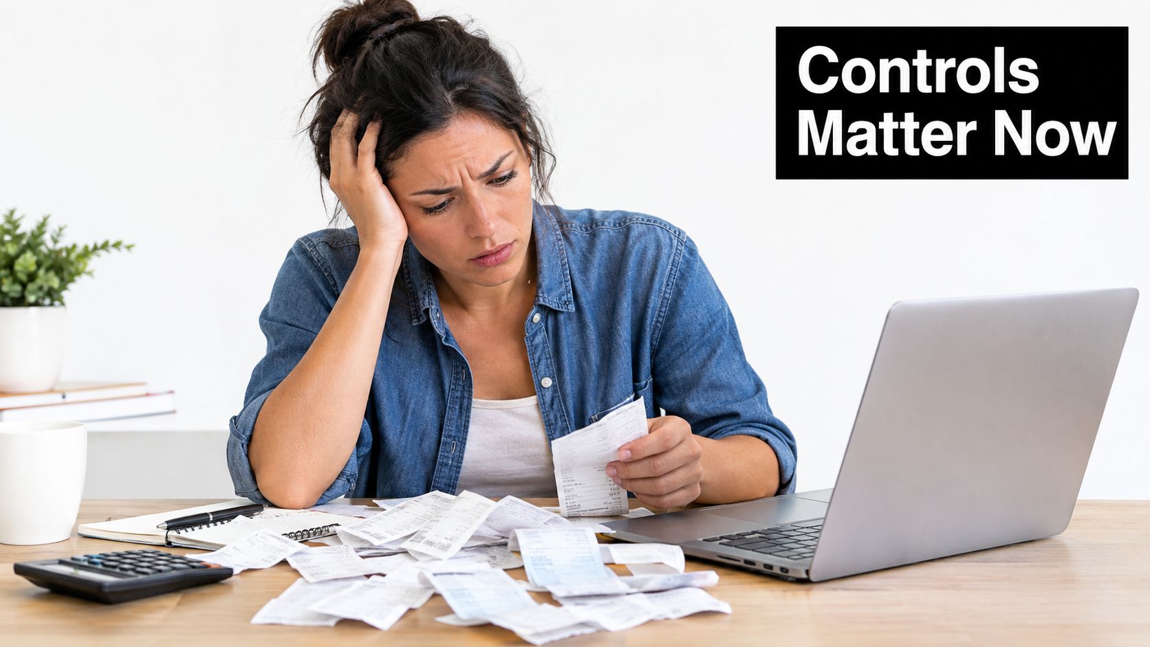 A stressed woman sitting at a desk overflowing with receipts while looking at her laptop screen.