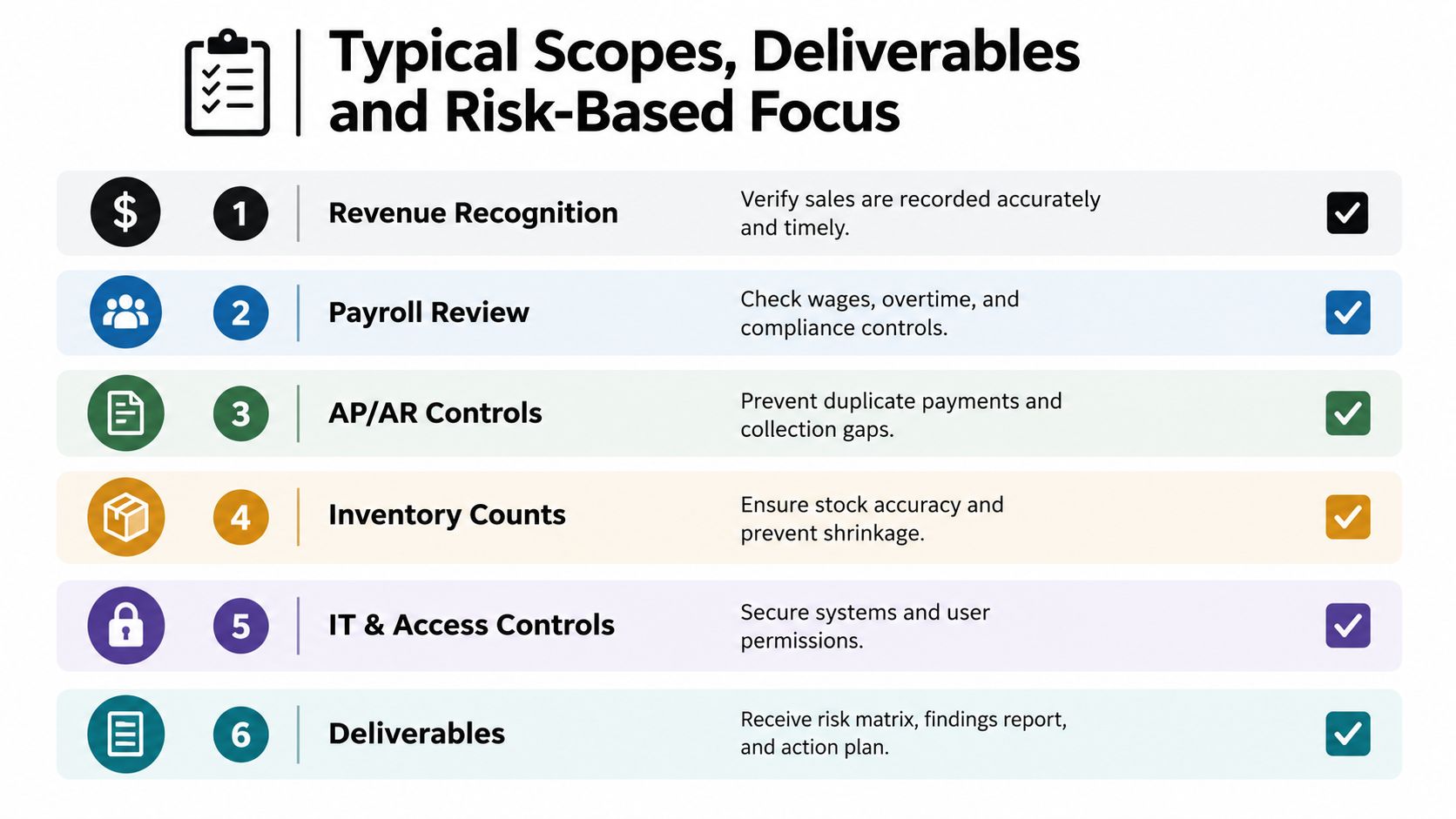 A list outlining typical internal audit scopes, deliverables, and risk-based focus areas for business compliance.
