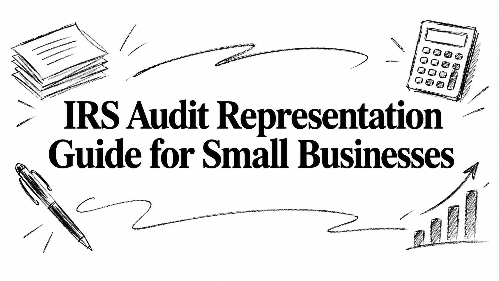irs-audit-representation-business-guide Doodle banner: 'IRS Audit Representation Guide for Small Businesses' with a pen, calculator, stack of papers, and a rising bar chart.