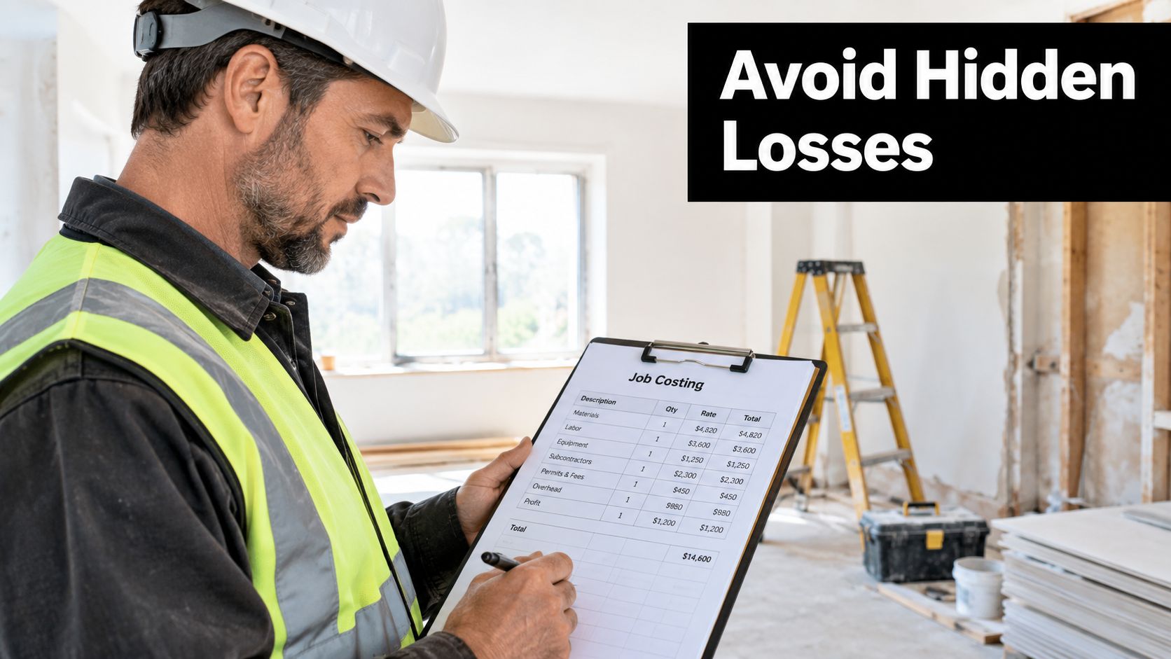 A construction worker in a safety vest holding a clipboard with a job costing sheet on site.