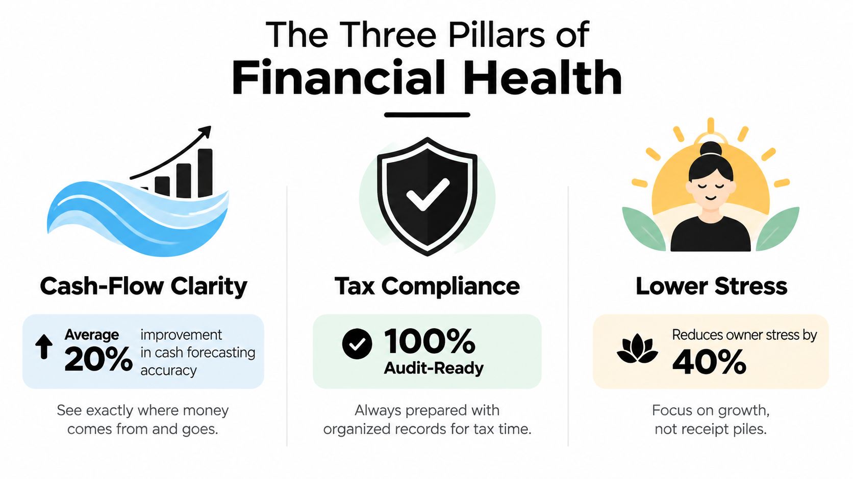 An infographic titled The Three Pillars of Financial Health, displaying Cash-Flow Clarity, Tax Compliance, and Lower Stress benefits.