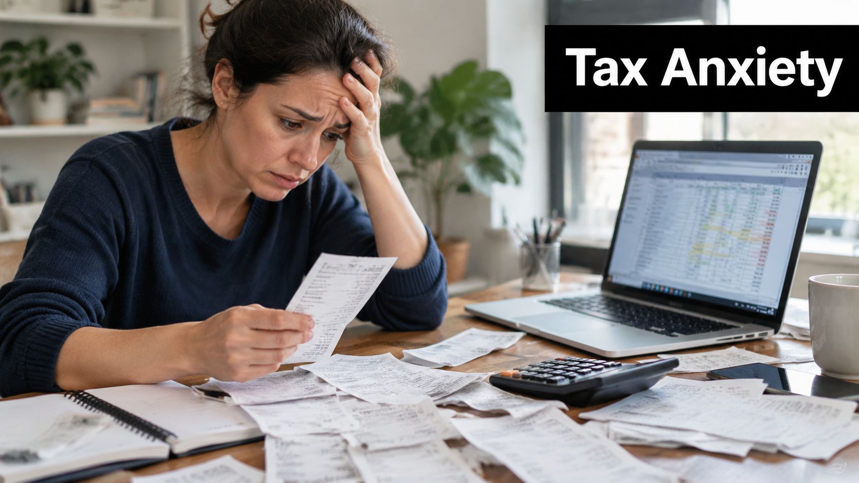 Stressed woman sitting at a desk cluttered with receipts while working on monthly bookkeeping taxes on laptop.