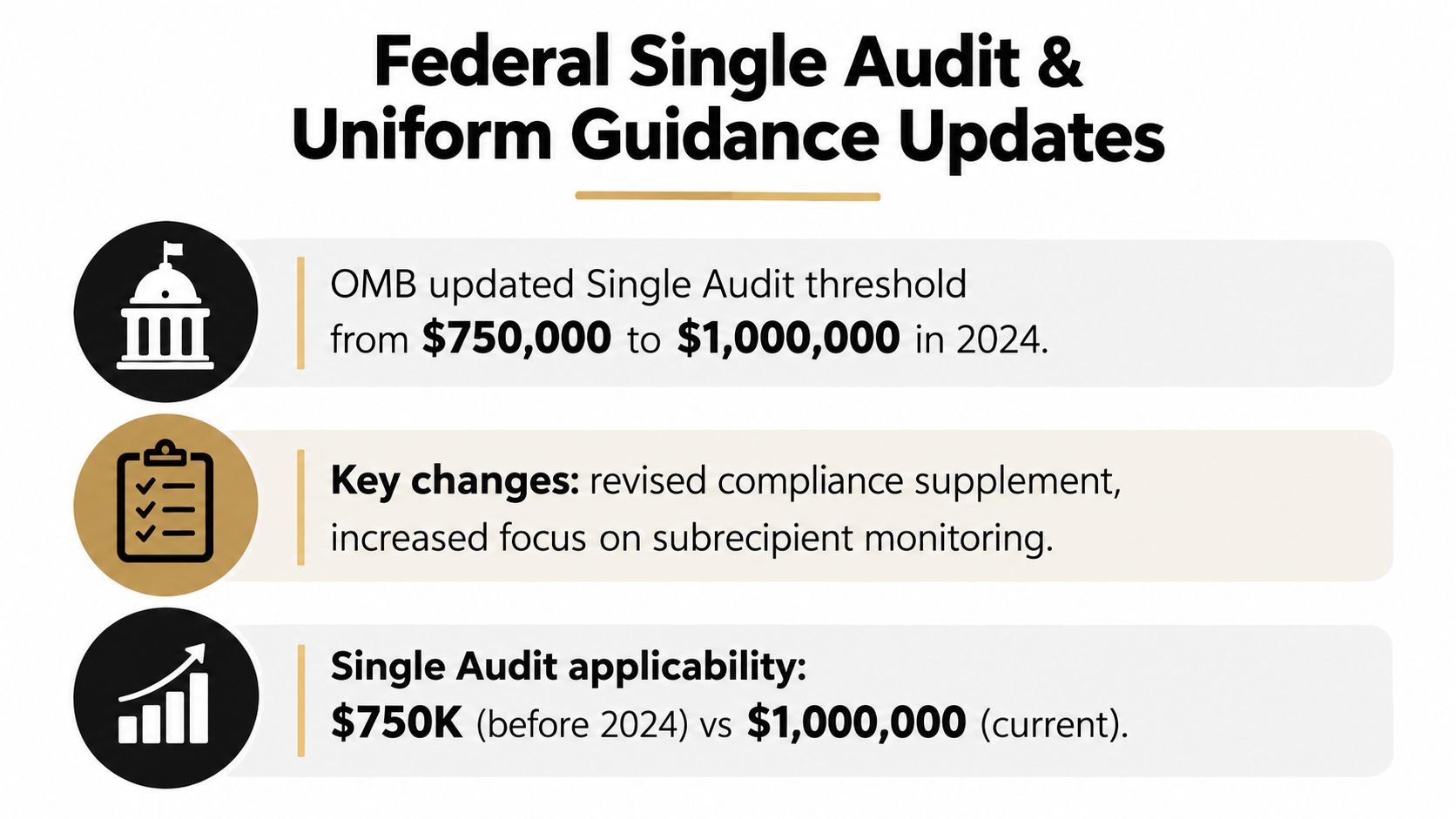 A summary infographic showing the Federal Single Audit threshold increasing from $750,000 to $1,000,000 in 2024.