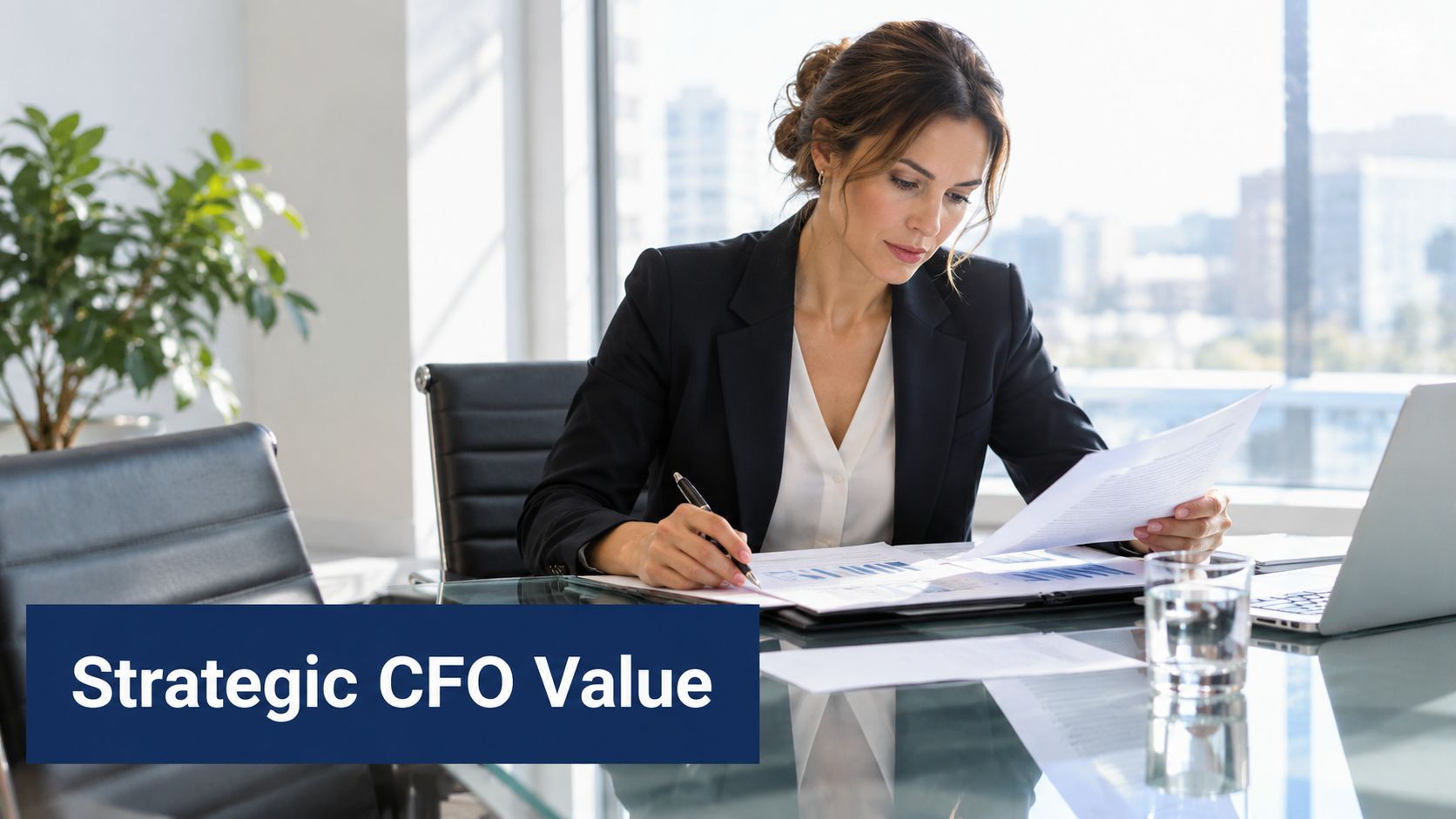 A professional female CFO reviewing financial reports and documents at her desk in a modern office.