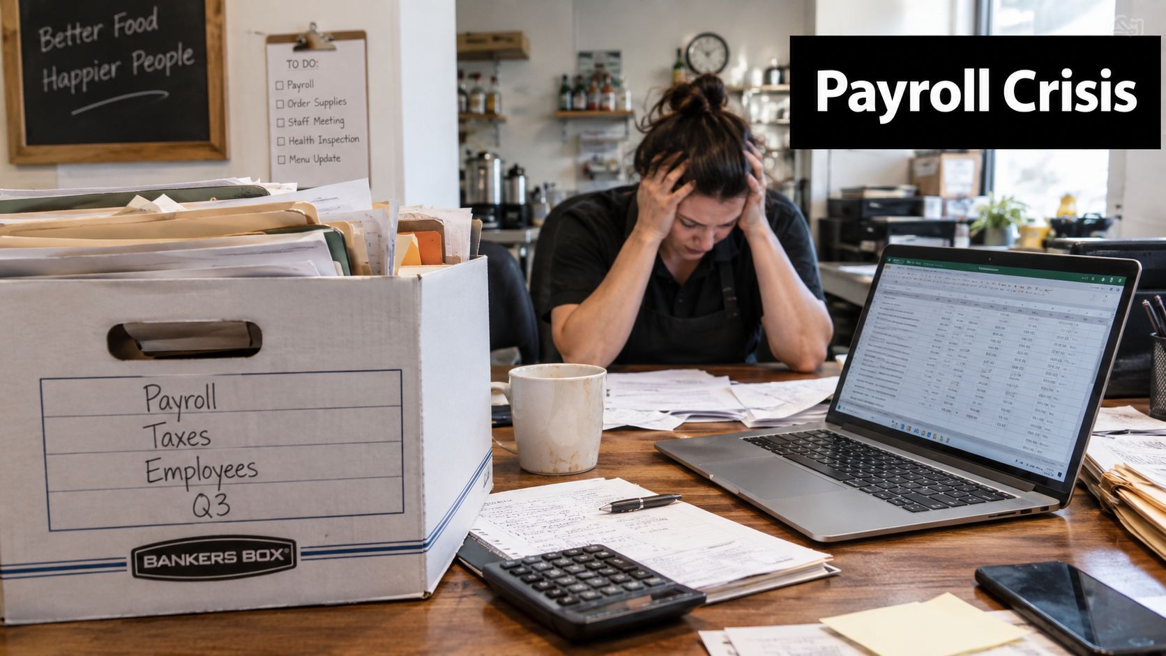 Stressed business owner sitting at a desk surrounded by financial documents and a laptop during payroll season.