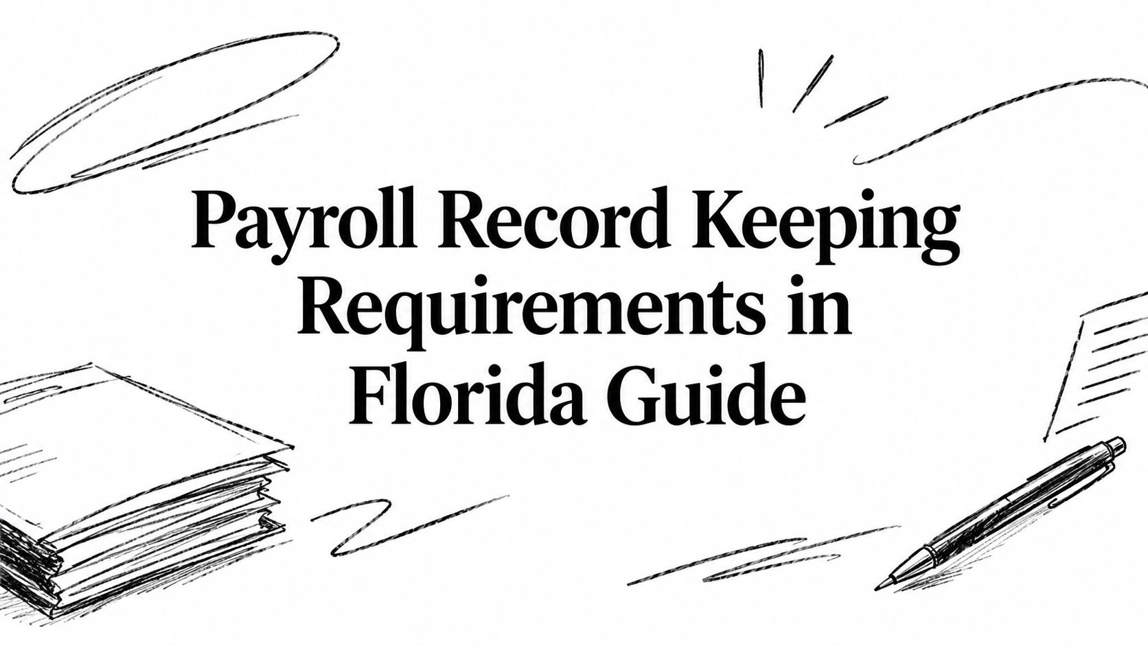 payroll-record-keeping-requirements-payroll-guide Banner announcing a Florida payroll record-keeping requirements guide, with sketch of a book and a pen.