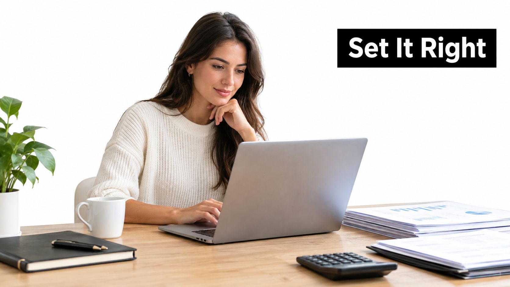 A smiling young woman working on her laptop at an organized desk with business documents and coffee.