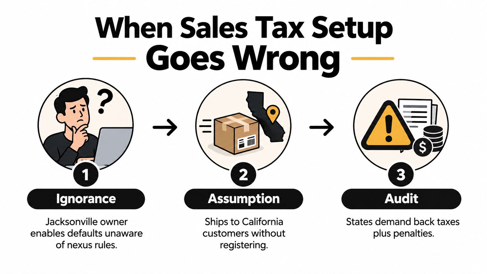 A three-step infographic showing the process of sales tax setup errors leading to audits for businesses.