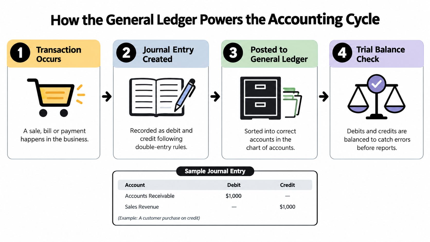 A diagram illustrating the accounting cycle, showing how transactions are journalized, posted, and balanced in the general ledger.