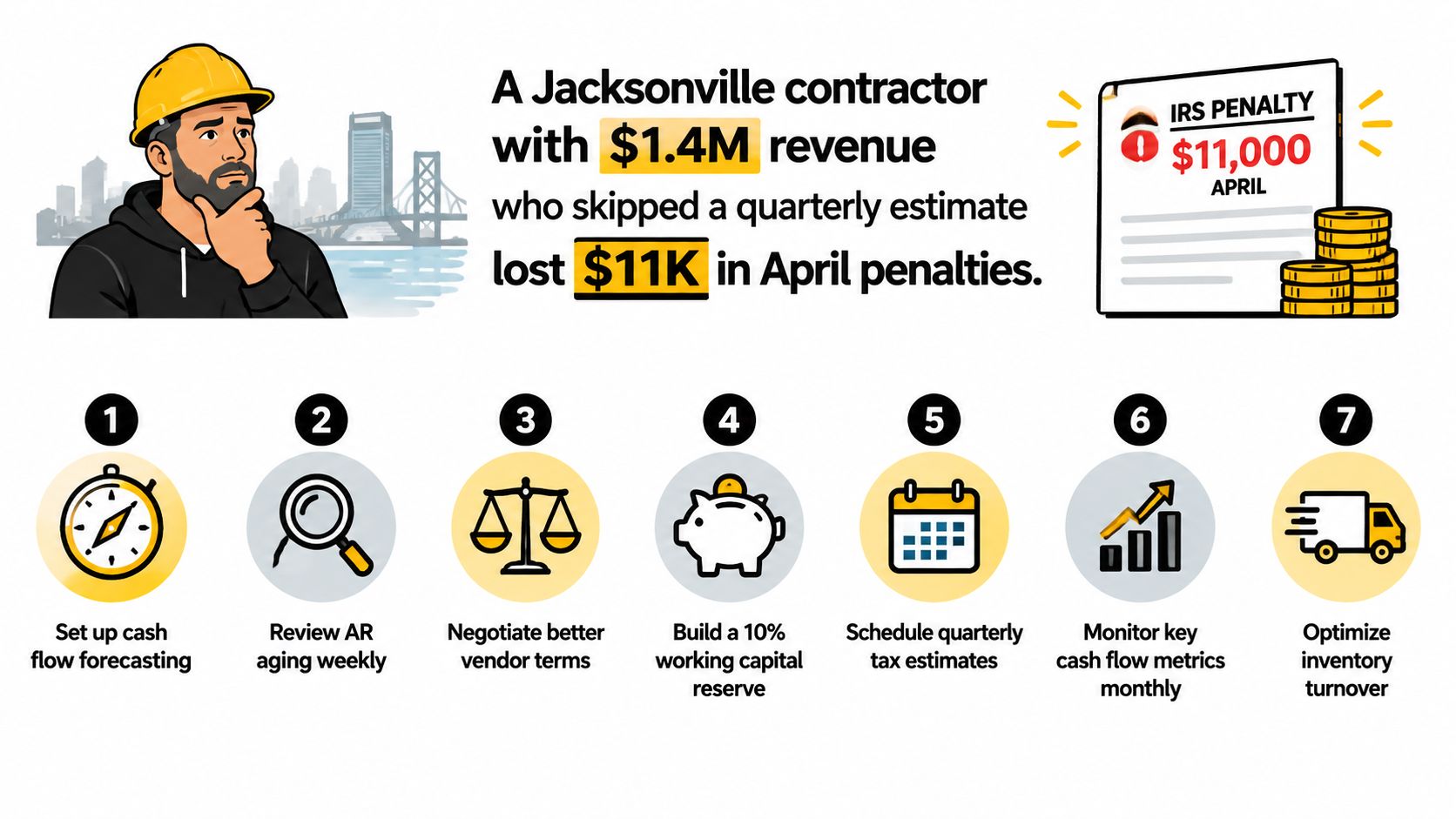 An infographic illustrating financial management tips for contractors to avoid costly IRS penalties for missed tax payments.