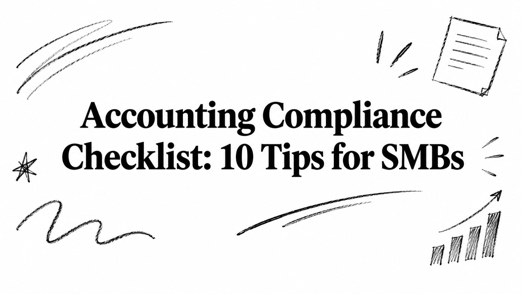 accounting-compliance-checklist-business-tips Bold title: 'Accounting Compliance Checklist: 10 Tips for SMBs' with hand-drawn doodles around it (sketchy arrows, stars, and charts).