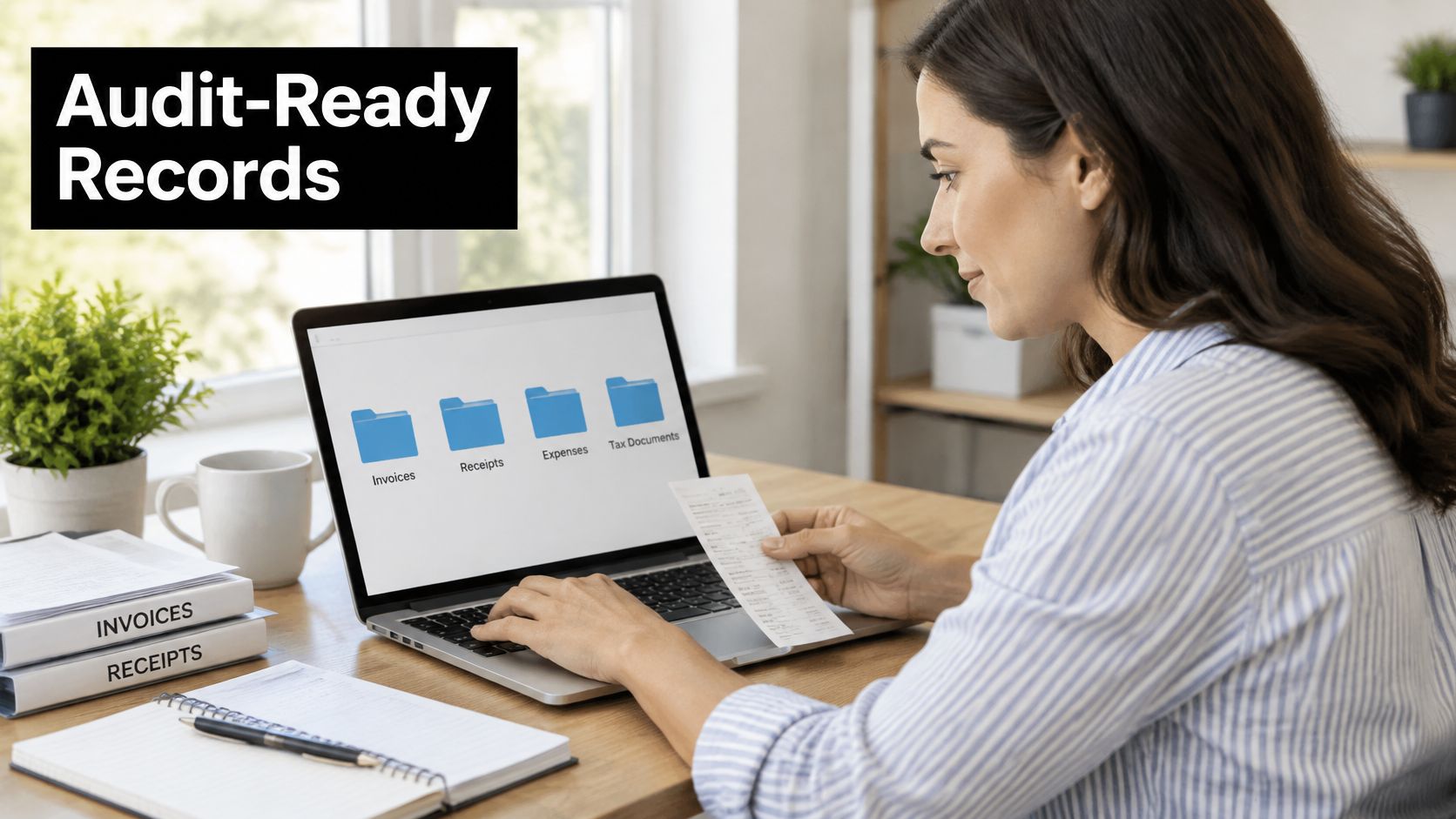 A businesswoman organizing financial files on her laptop to ensure audit-ready record compliance.
