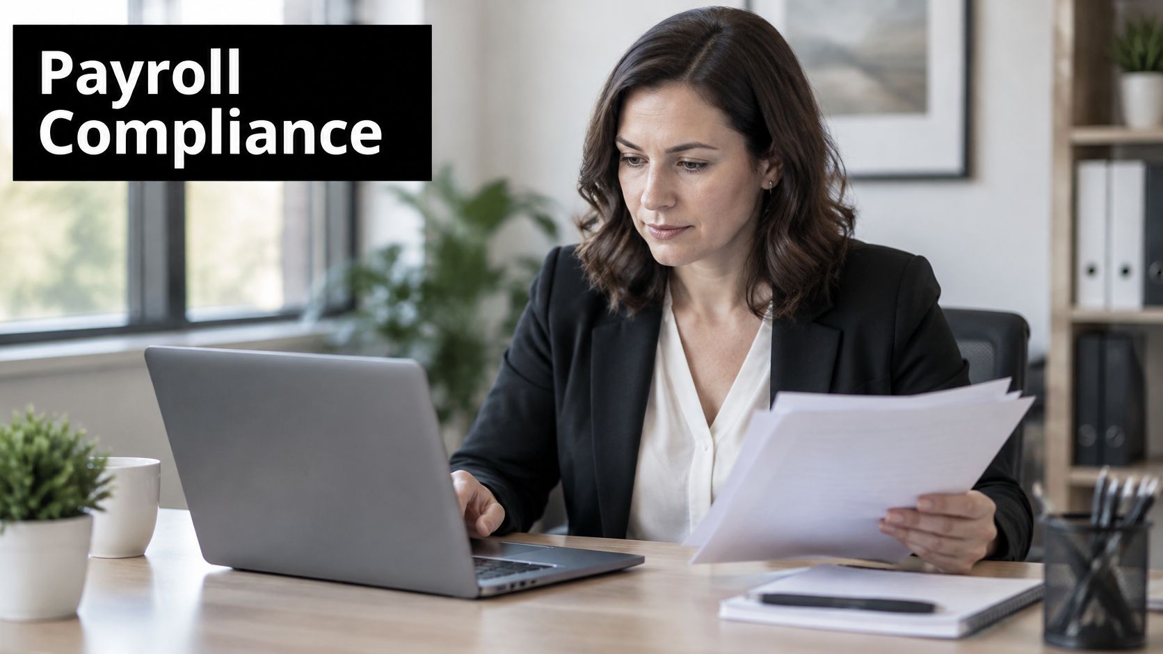 A professional woman in a business suit reviewing documents while working on a laptop at her desk.