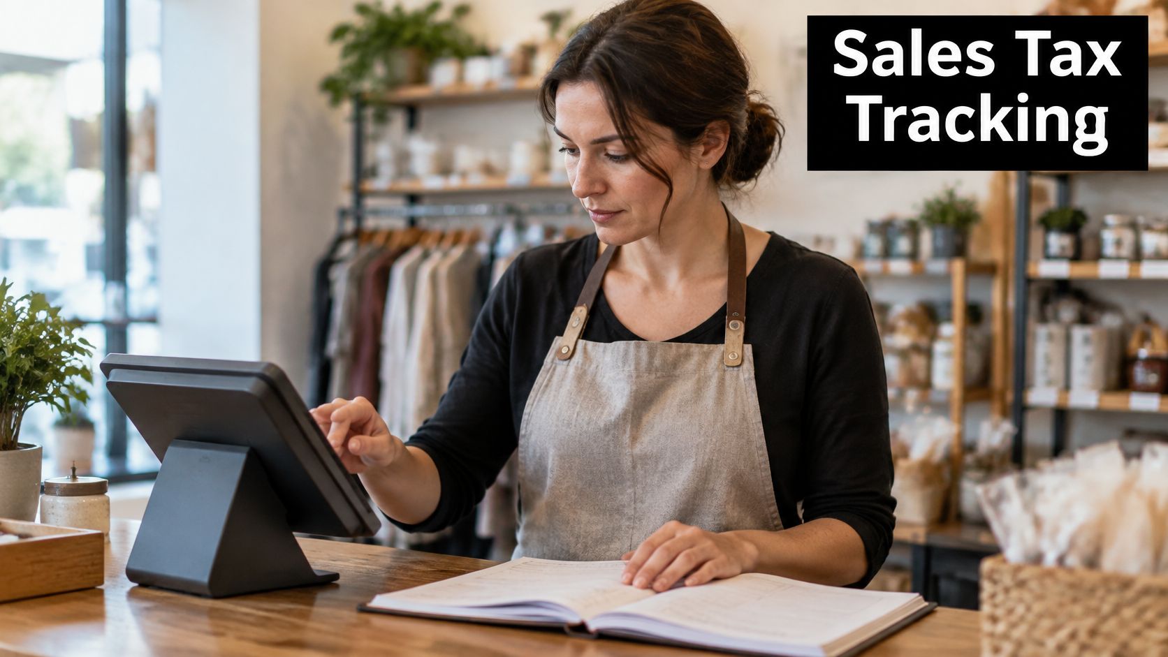 A retail shop owner using a tablet and an accounting book to manage sales tax compliance tasks.