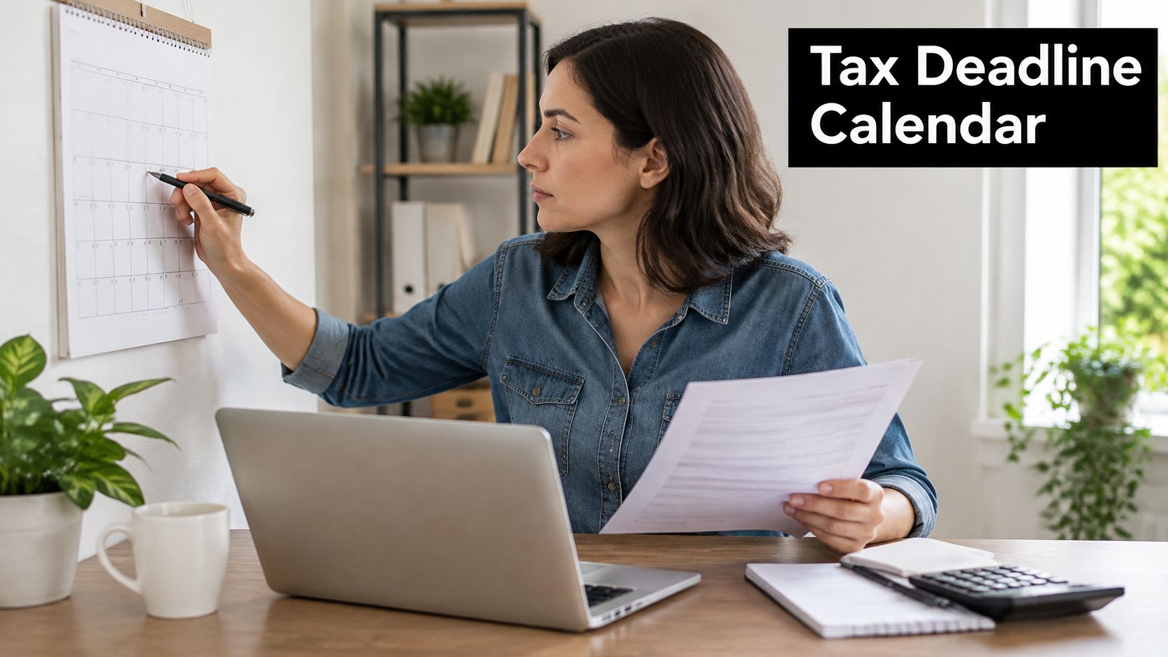 A woman working at a desk with a laptop and documents, marking a tax deadline calendar.