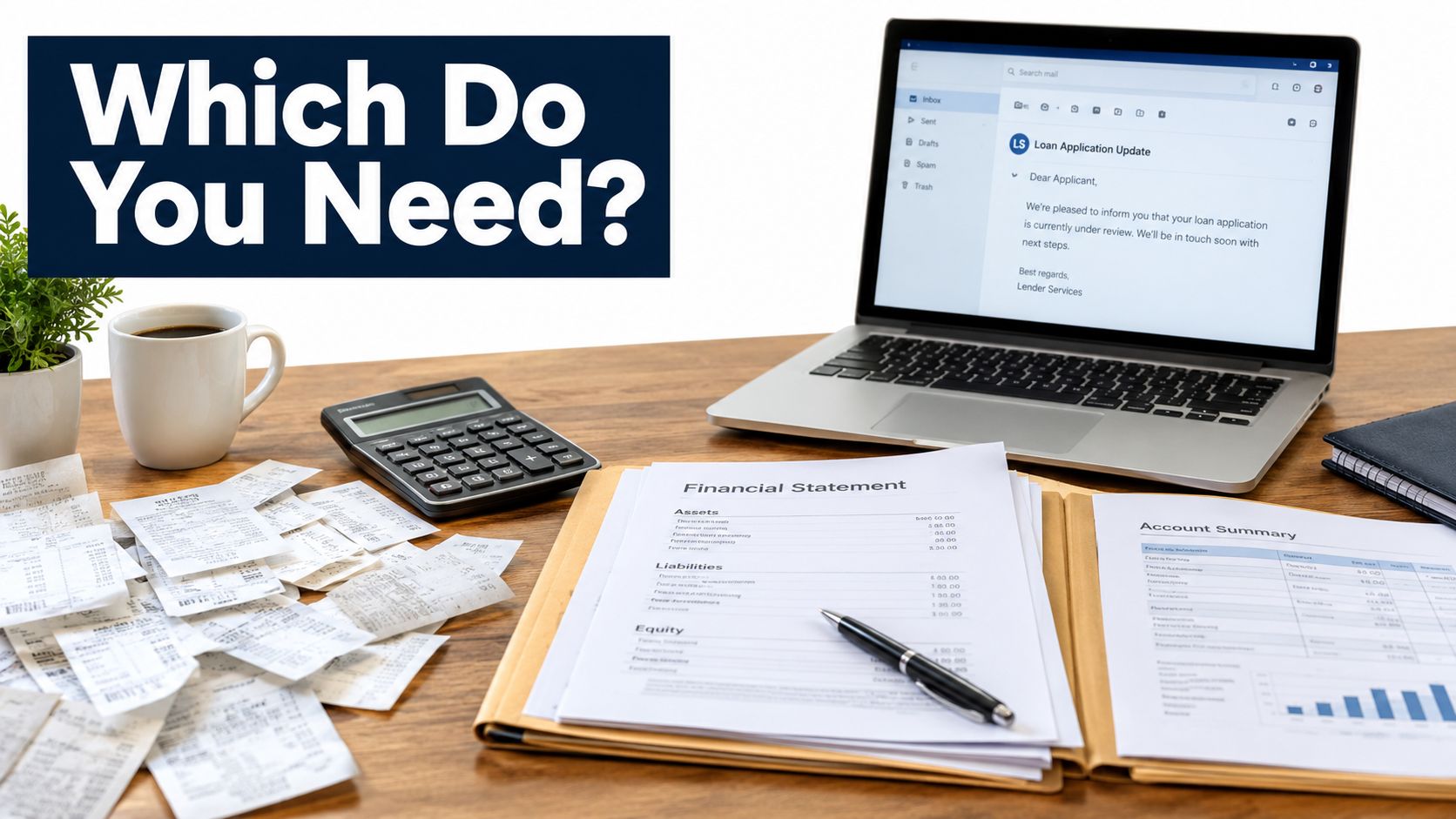 A wooden desk featuring a laptop displaying a loan application update, financial statements, calculator, and scattered receipts.