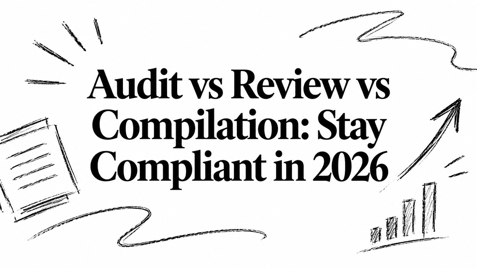 audit-vs-review-vs-compilation-financial-reporting Bold headline: 'Audit vs Review vs Compilation: Stay Compliant in 2026' with hand-drawn arrows and charts on white background