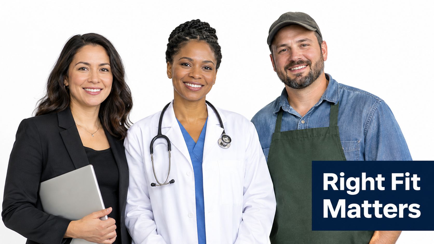 A businesswoman, a doctor with a stethoscope, and a tradesman standing together against a white background.