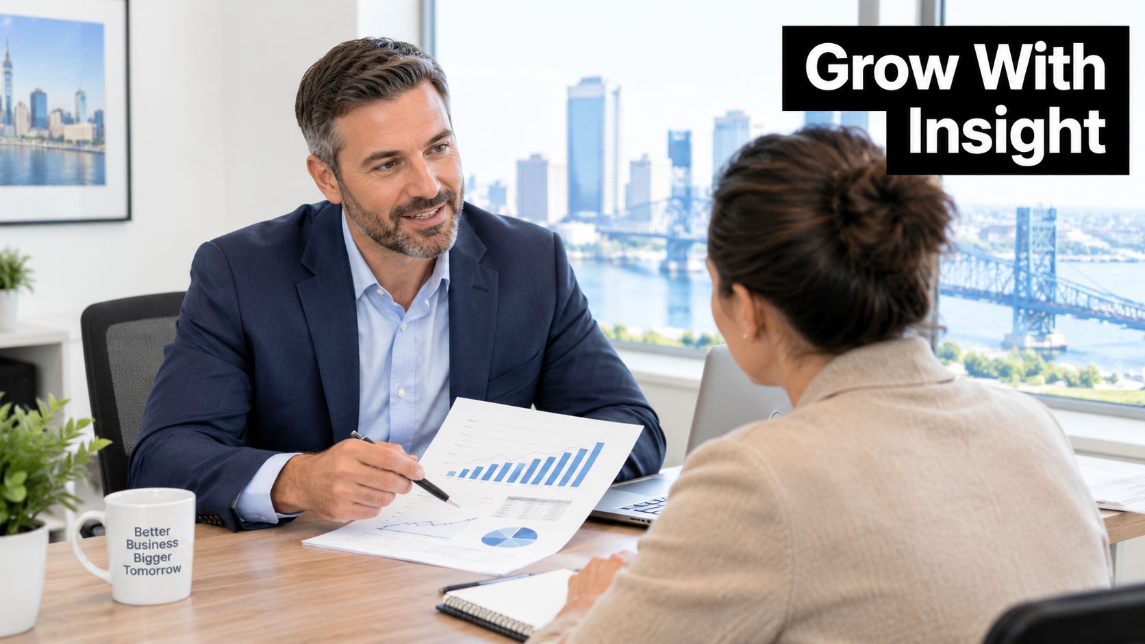 A professional financial advisor discusses business growth charts with a female client in a sunny office.
